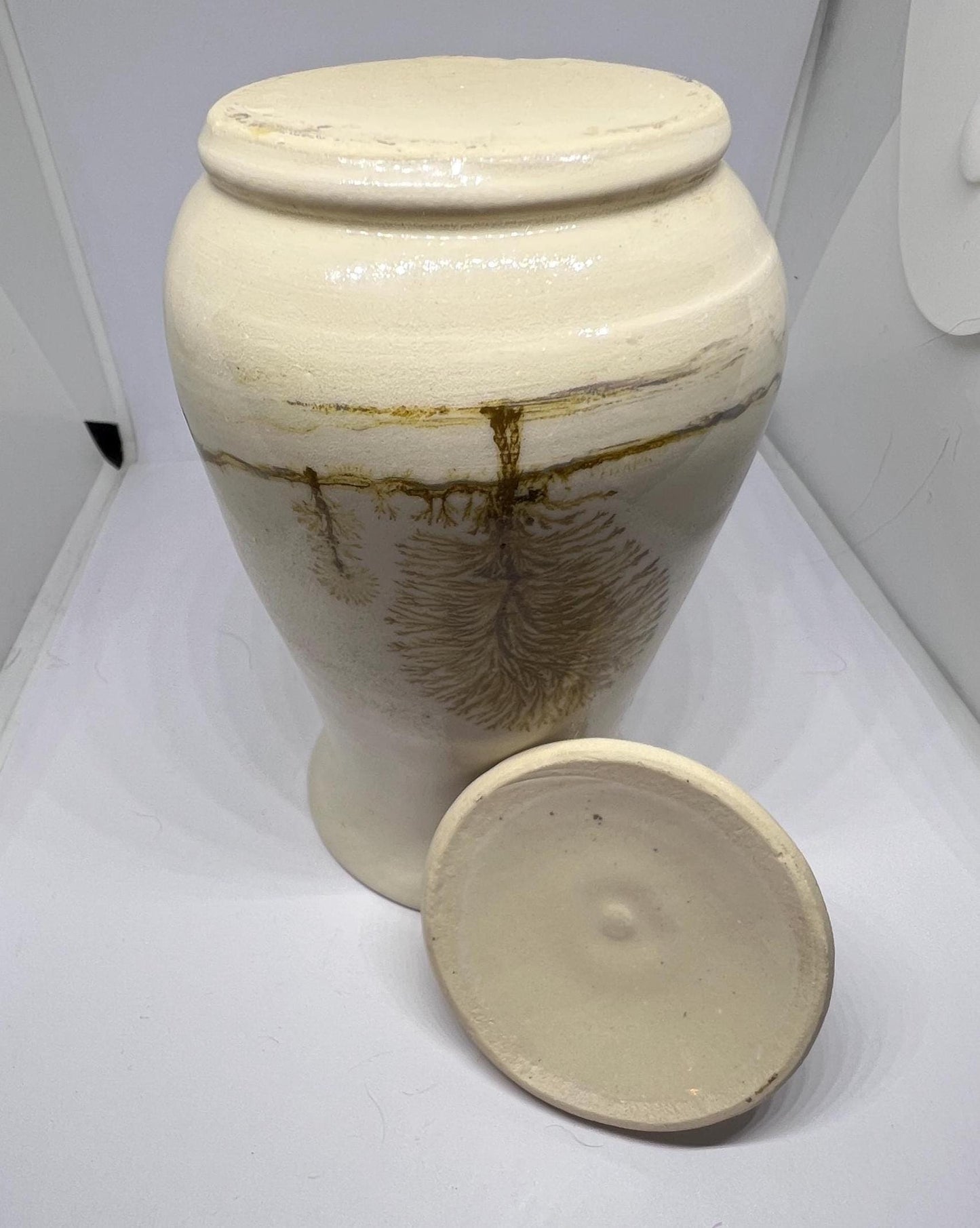 Studio pottery Mochaware lidded pot Cream glaze with tree design.