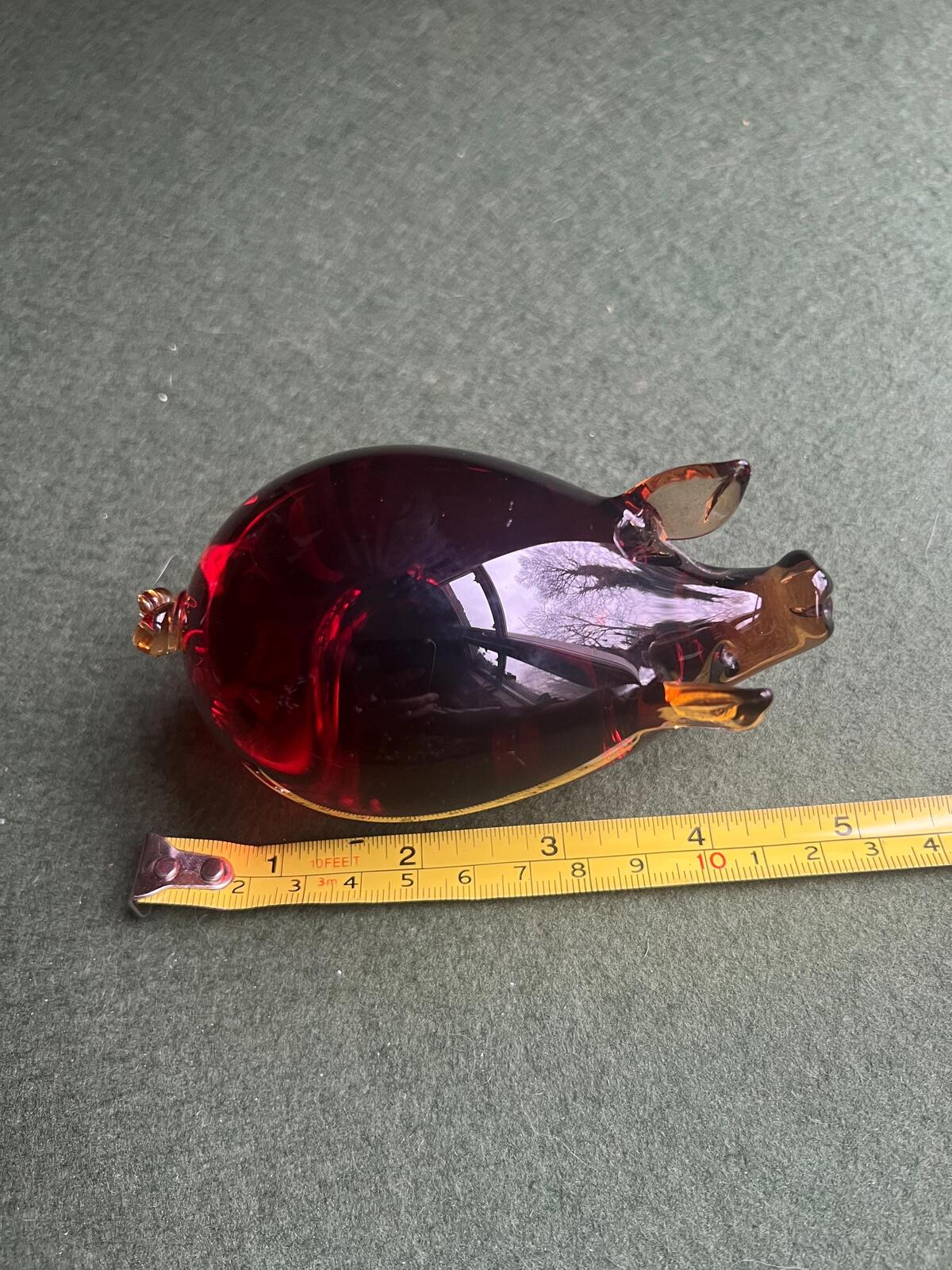Vintage ruby glass pig figurine. Hand blown quirky piglet . Original sticker Island Glassworks. Pig lover gift.