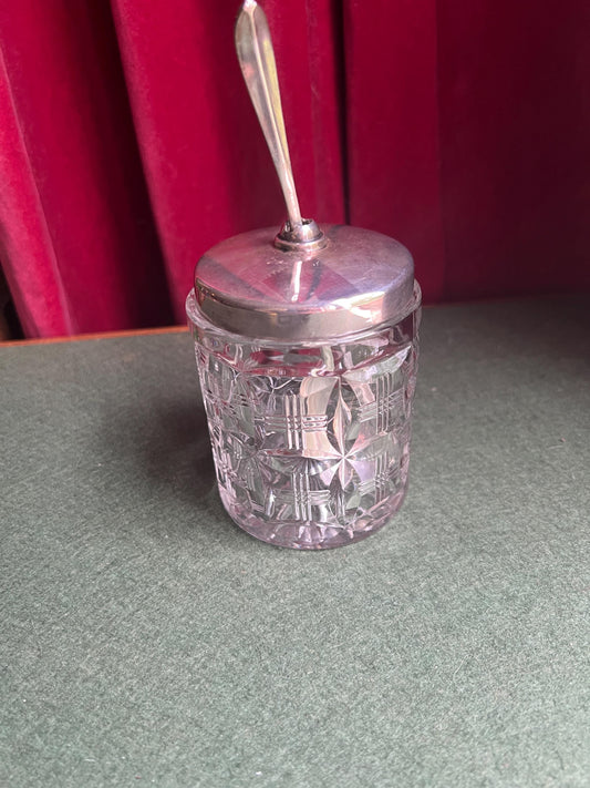 Vintage antique mustard jam pot. Cut glass silver plated lid conserve jar.