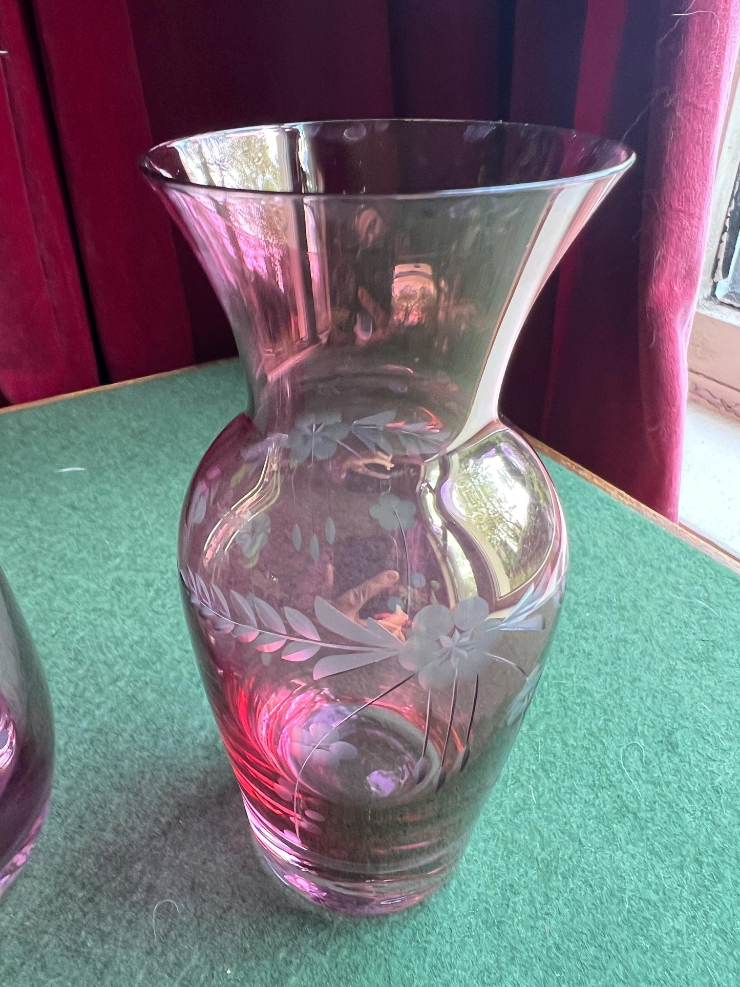 Bohemian Cranberry glass cut to clear decorative posy vase. 2 available.