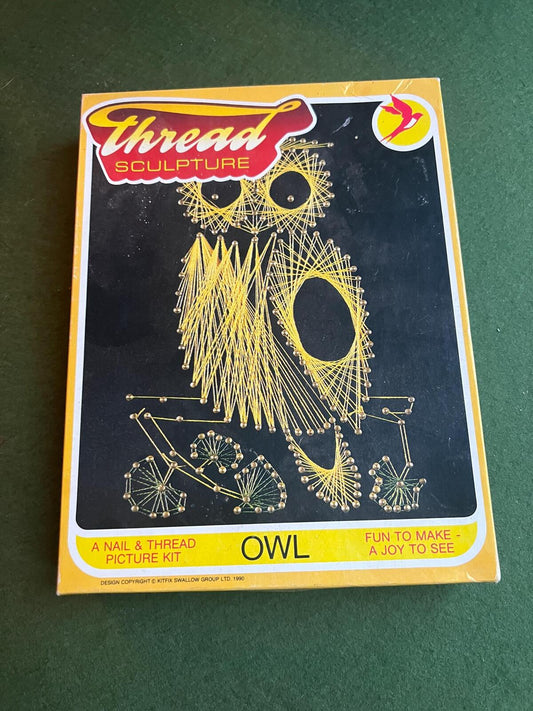 Vintage Owl string art kit. 1990s Kitfix Swallow Group Ltd. "Thread Sculpture" nail and thread picture kit.