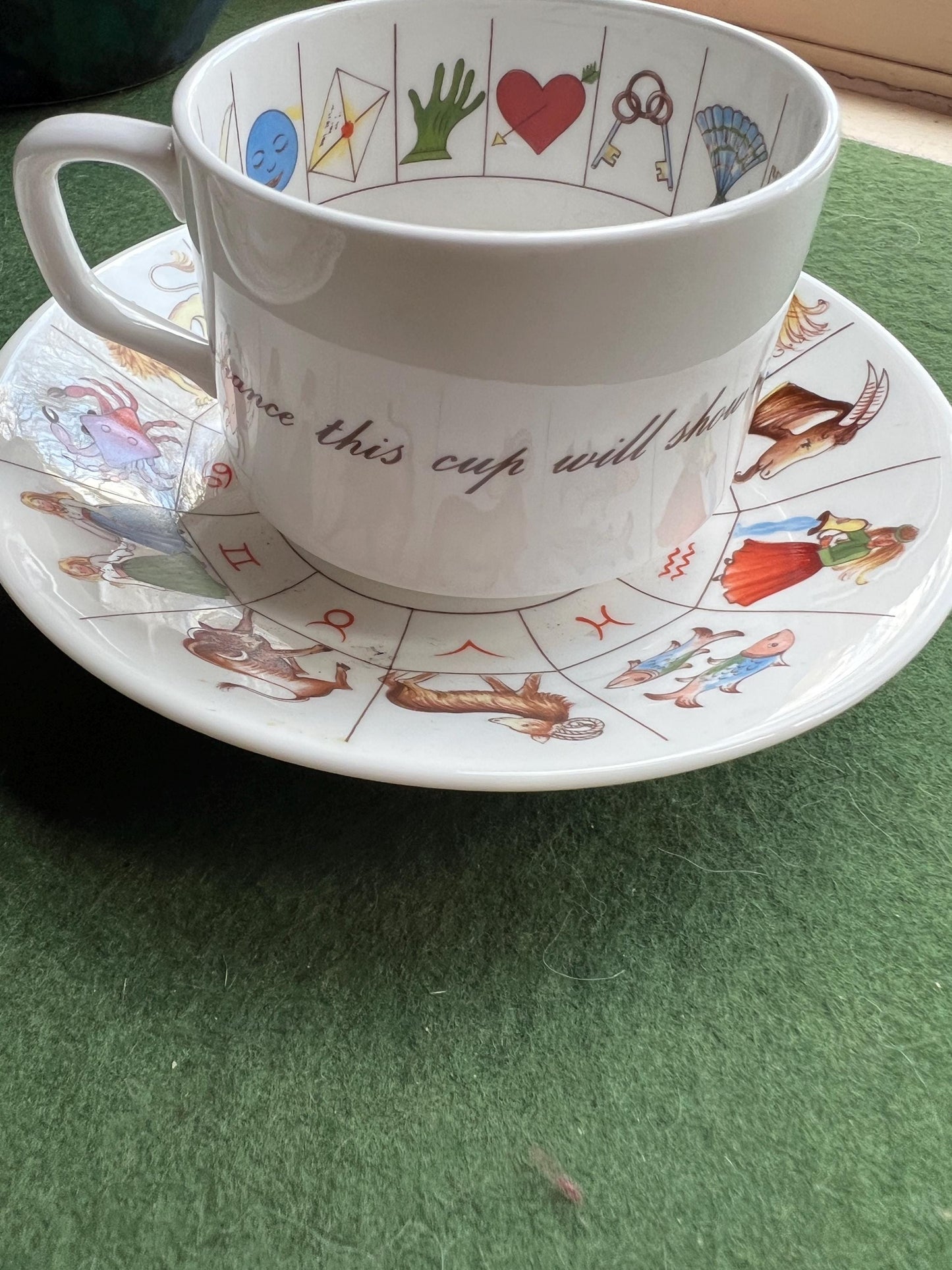 Vintage Fortune Telling Zodiac tea cup. Stamped Royal Kendal Fine Bone China 1985. 2 Available sold separately.