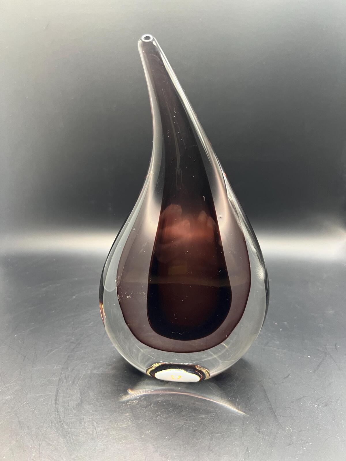 Murano style teardrop paperweight. Sommerso technique Purple and clear glass Vintage MCM sculpture