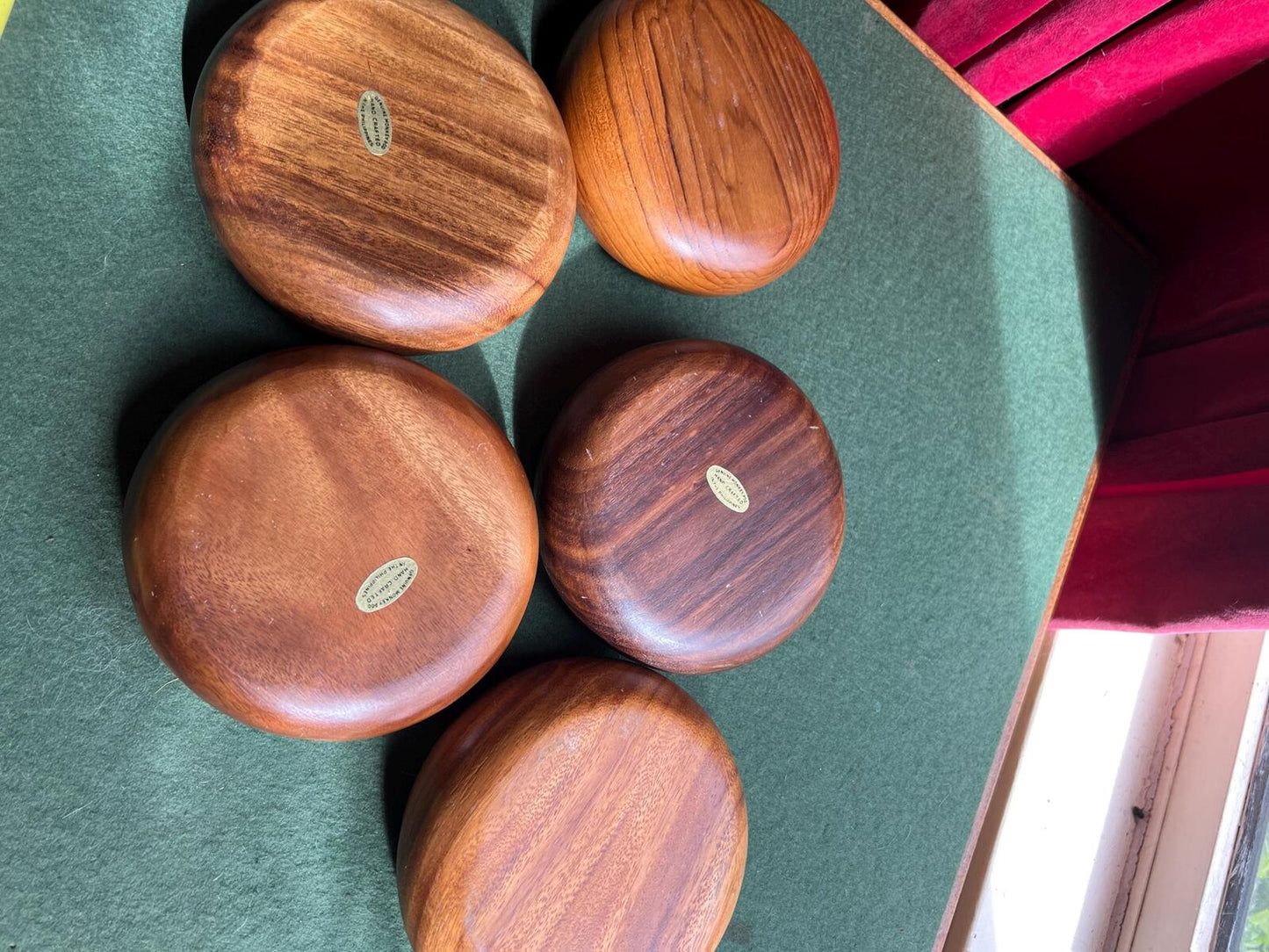 Set 5 Wooden serving bowls Acacia wood dish. Monkey Pod salad titbit serving. Hand crafted in The Philippines Vintage wood lover gift.