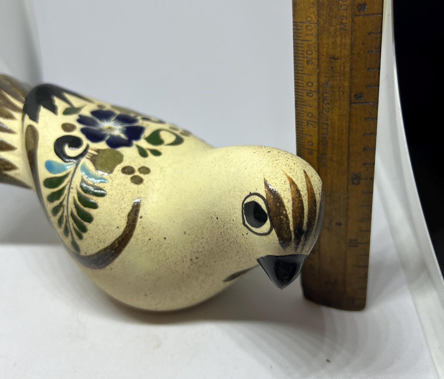 Tonala Mexico stone ware hand painted bird ornament Signed RS Mexico.