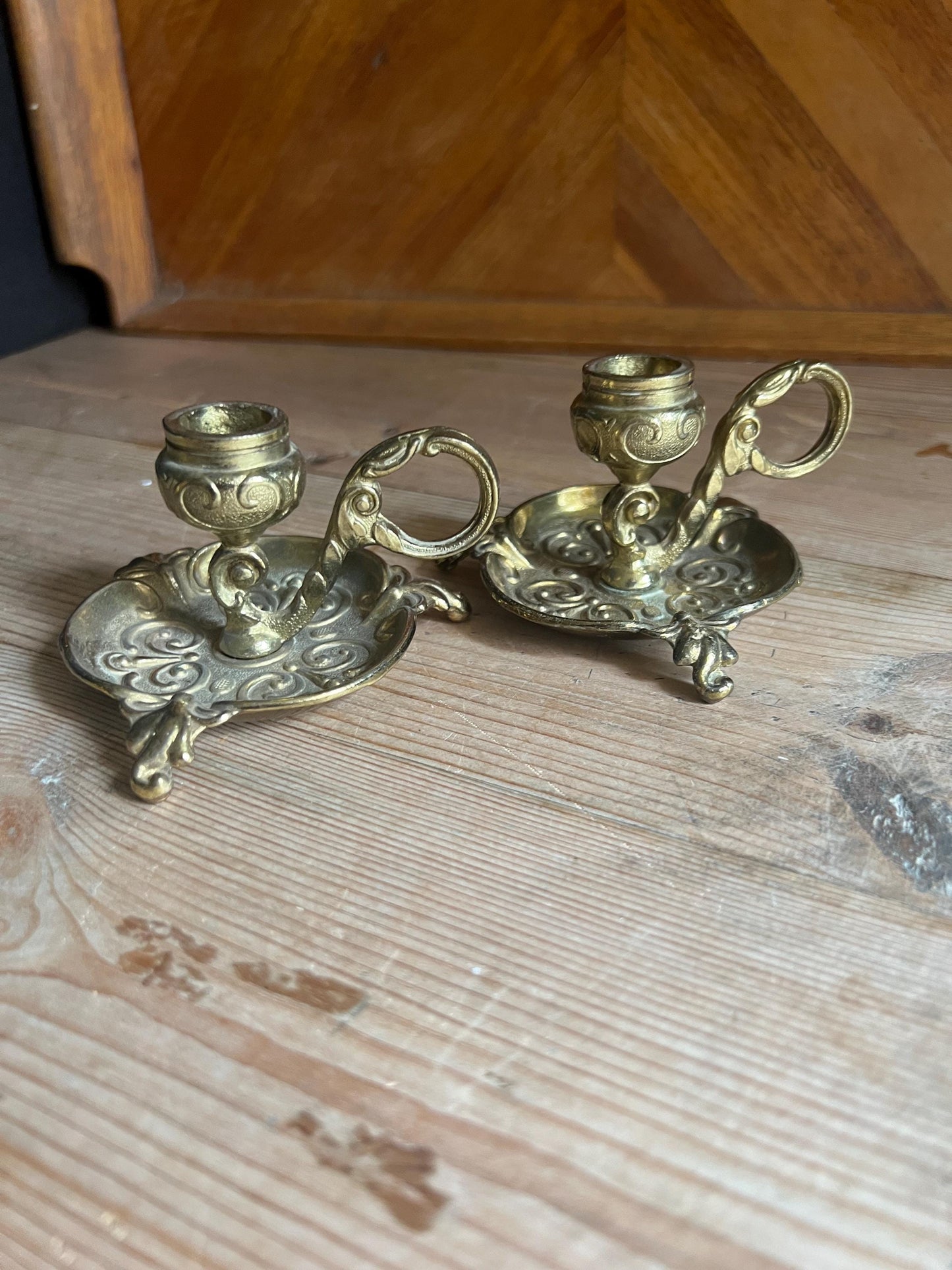 Pair of vintage brass art deco candle sticks.