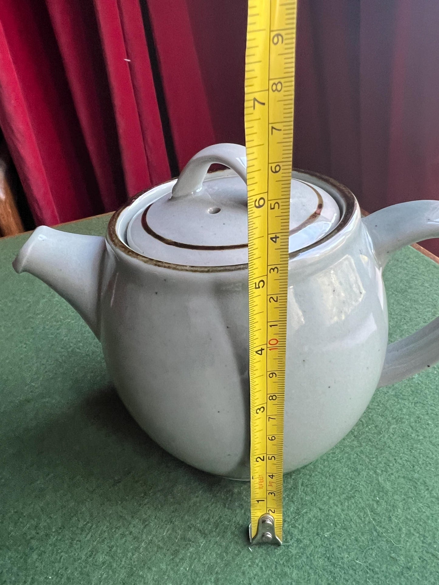 Pot bellied celadon glazed tea coffee pot. Speckled duck egg blue. Stamped Highland Stoneware Scotland.