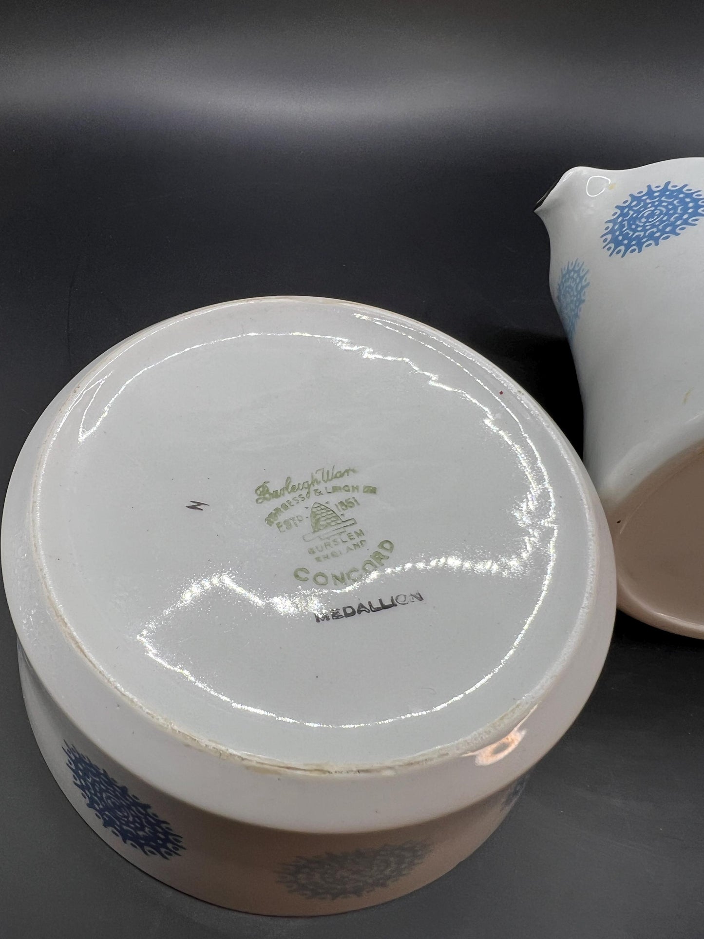 Ceramic creamer and sugar set. Burleigh ware Concord Medallion pattern.