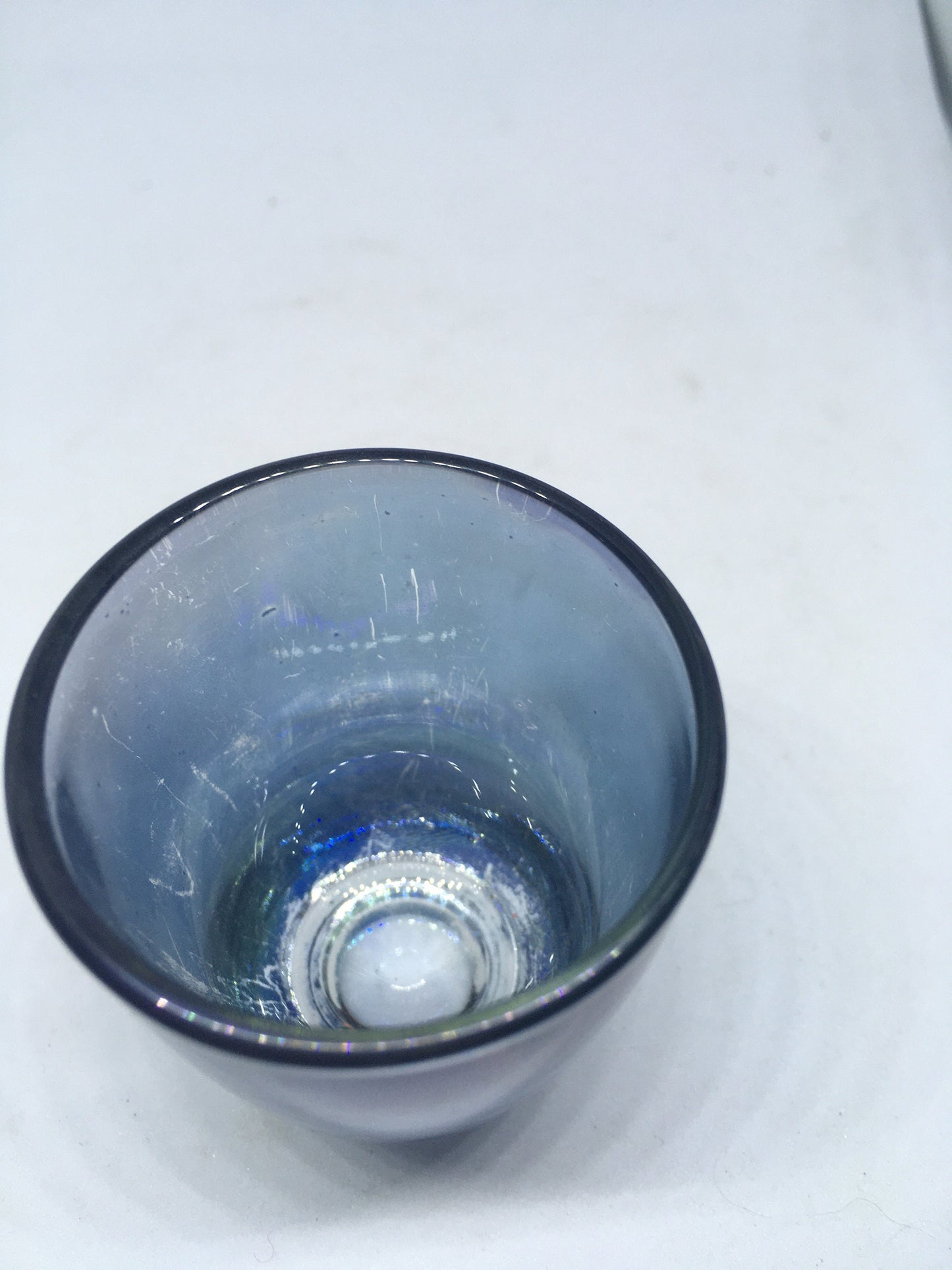 1950s Harlequin glass 6 shot glasses in wire holder.