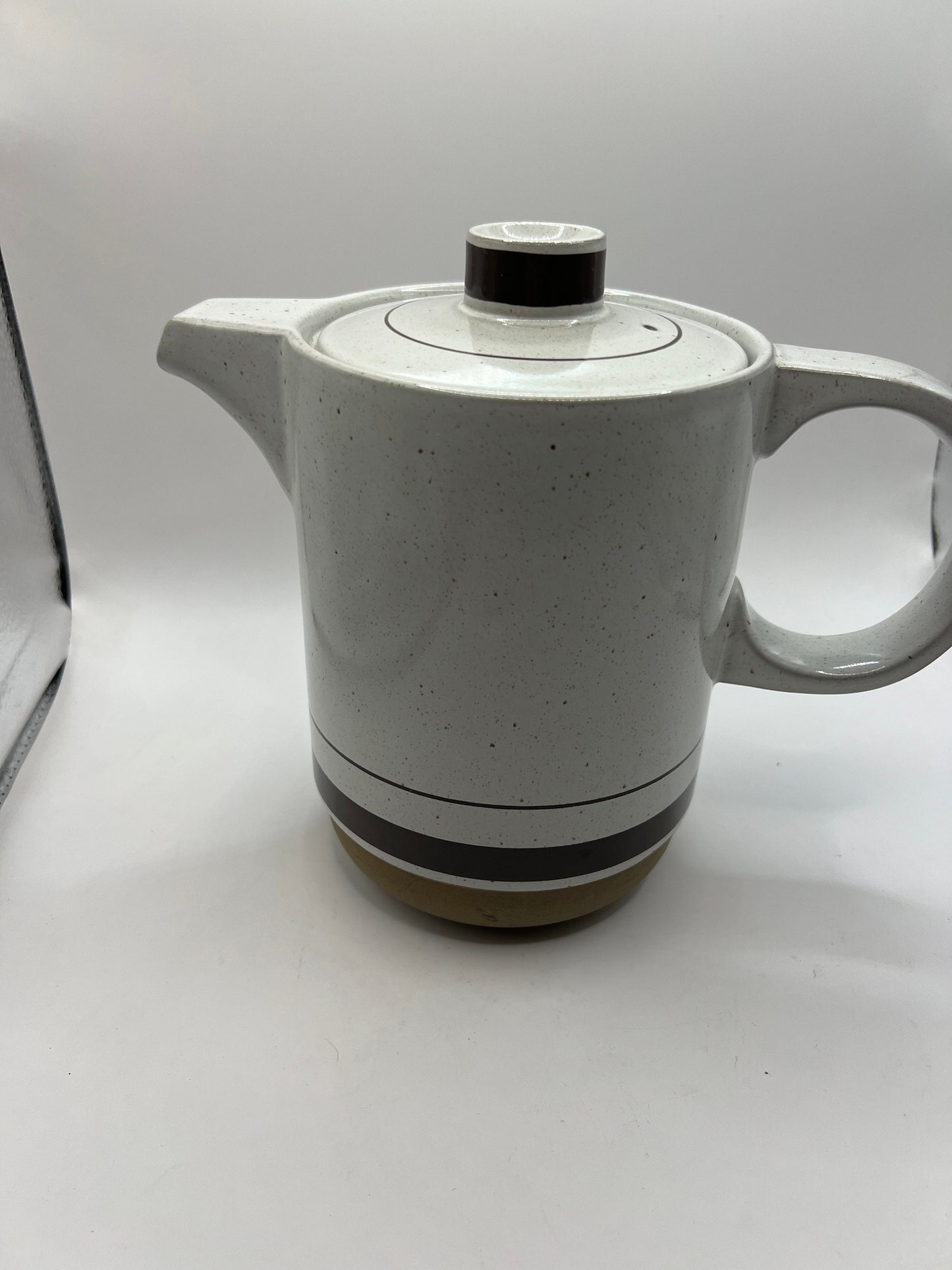 Midwinter Stoneware Coffee pot. Brown stripe on cream grey glaze.