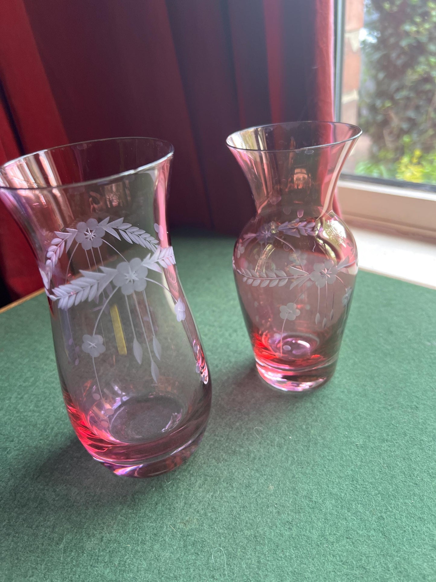 Bohemian Cranberry glass cut to clear decorative posy vase. 2 available.