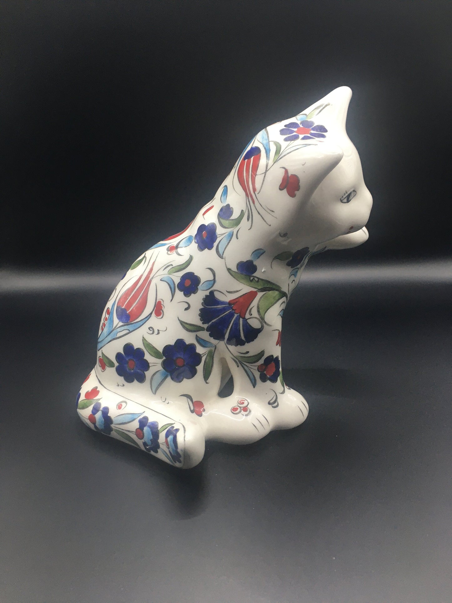 Pair of ceramic hand painted floral playful cat figurines. Signed Hand Made Türkiye.