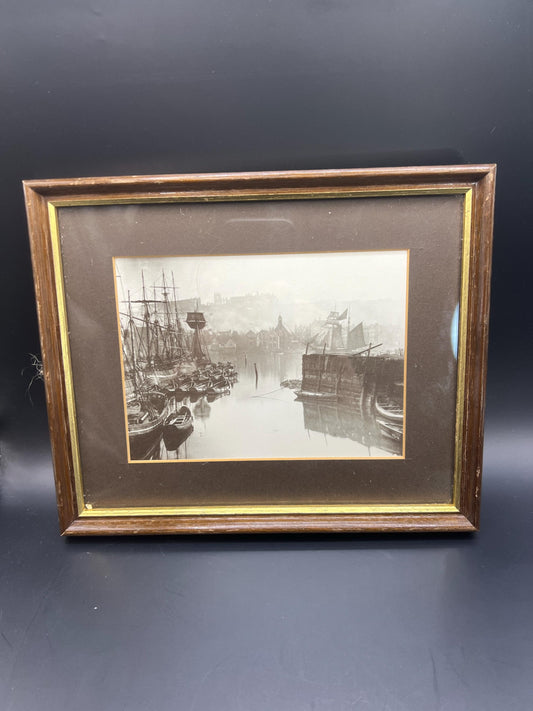 Framed Whitby Photographic postcard. Boats in Whitby Upper Harbour. Frank Meadow Sutcliffe 1981