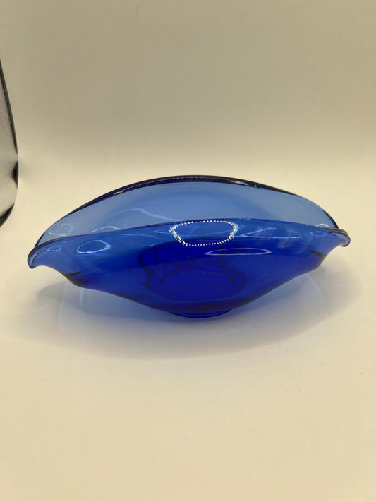 Glass dish Vintage cobalt navy blue Sowerby glass decorative console dish. Folded oval design bonbon sweetie dish.