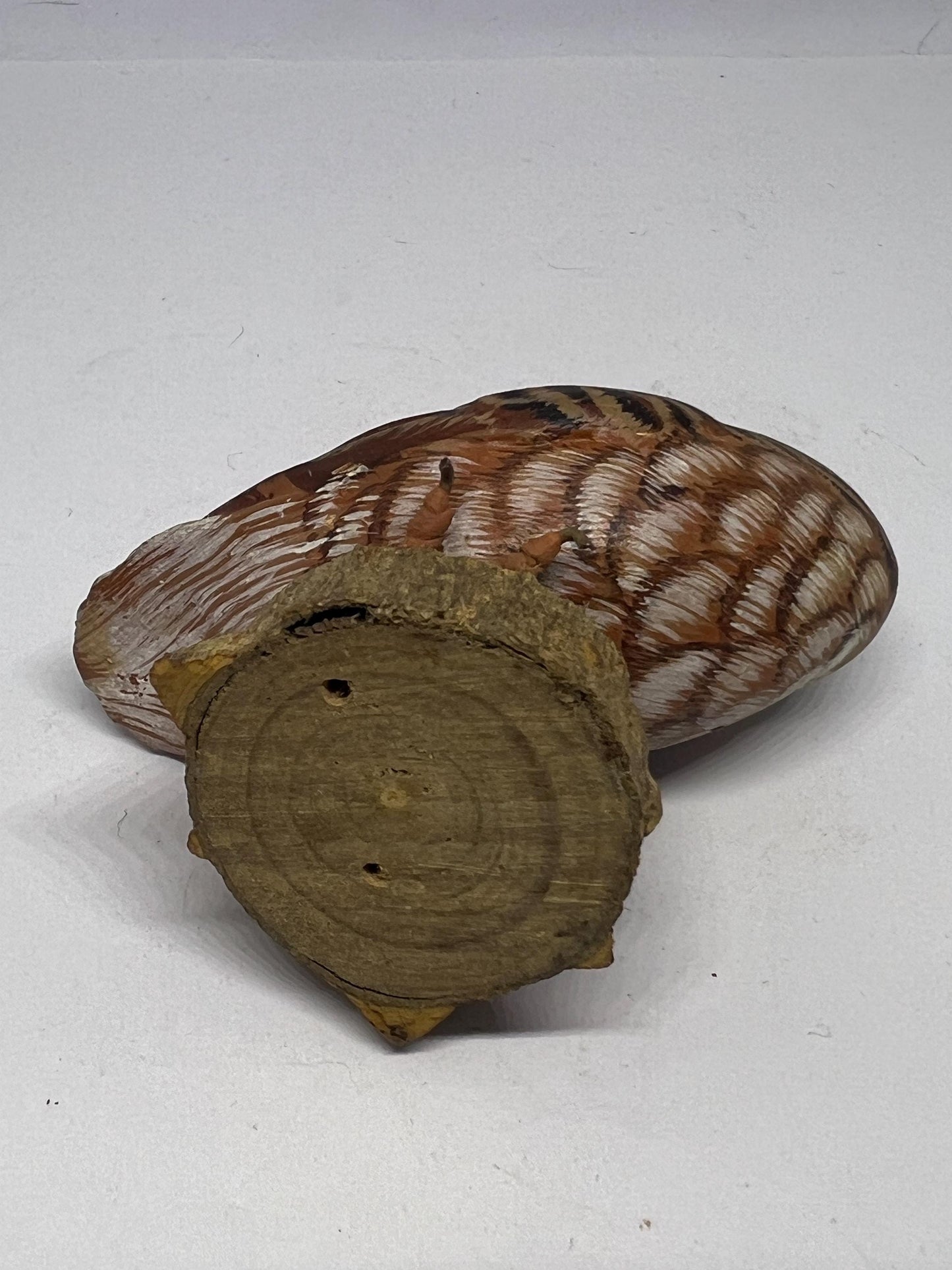 Vintage Hand Carved Wood Saw Whet Owl Hand painted with glass eyes on tree stump base.