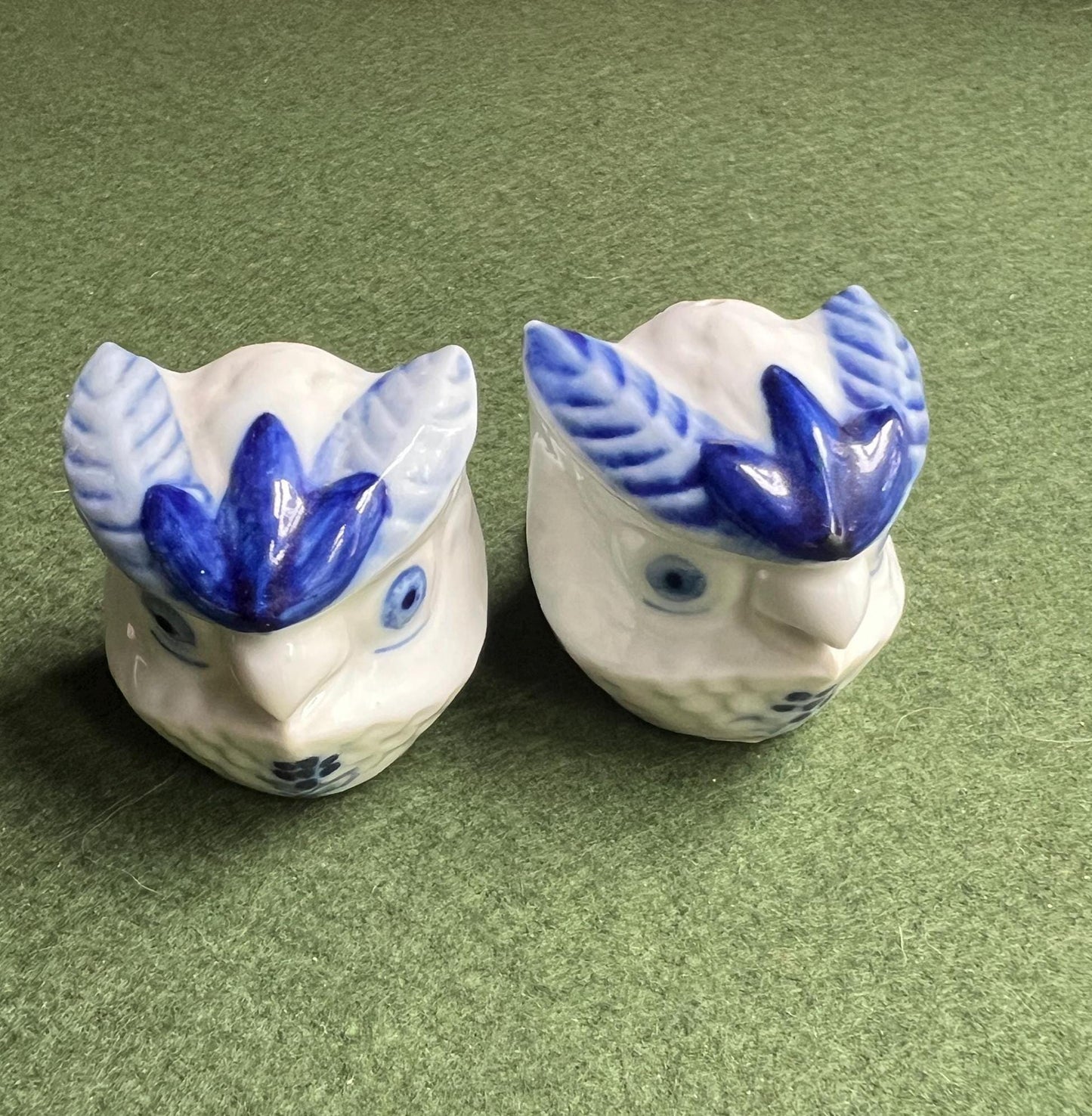 Long eared owl delft blue white salt pepper shakers.