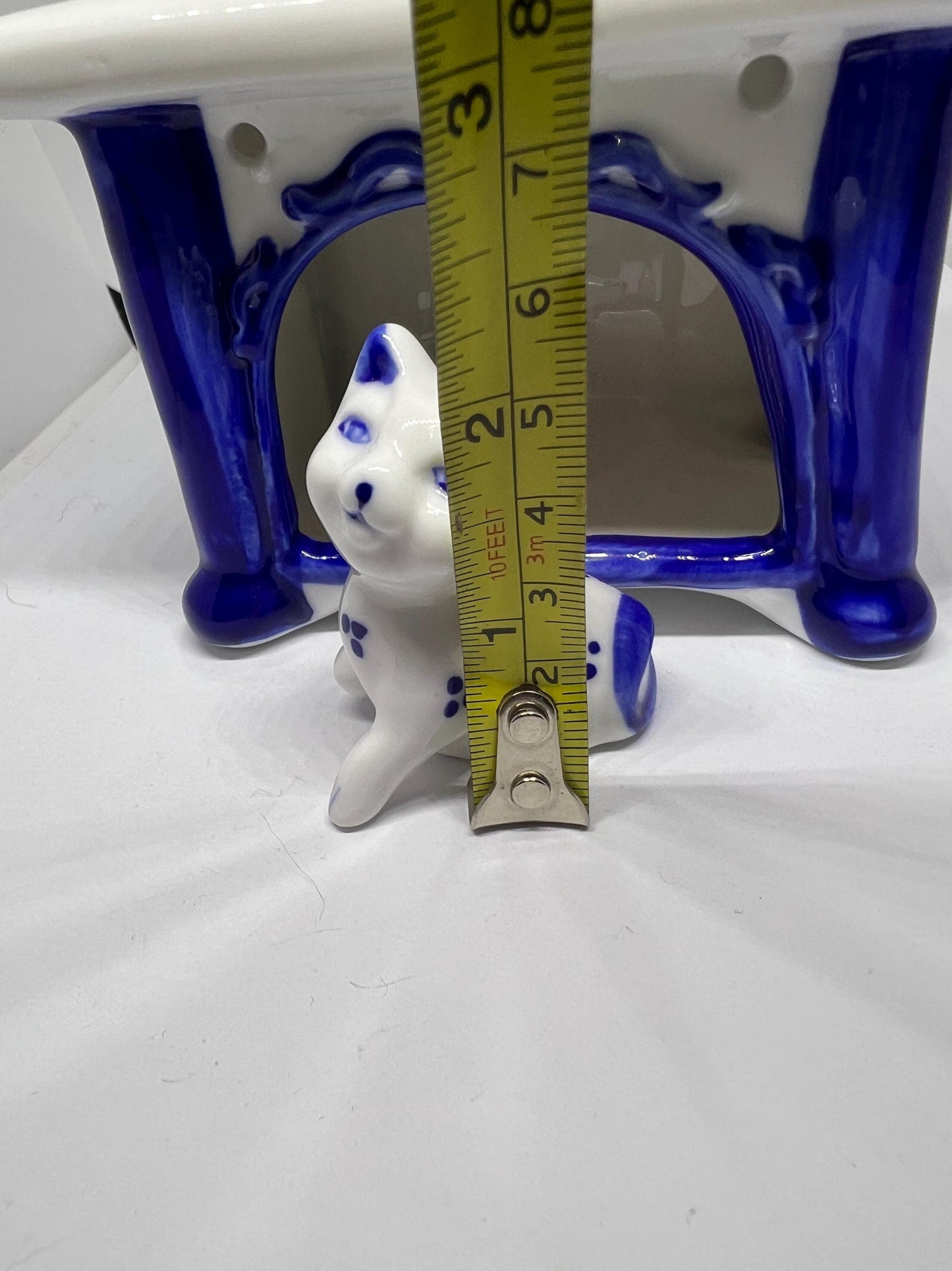 Vintage Gzhel porcelain cat on a table figurine. USSR.