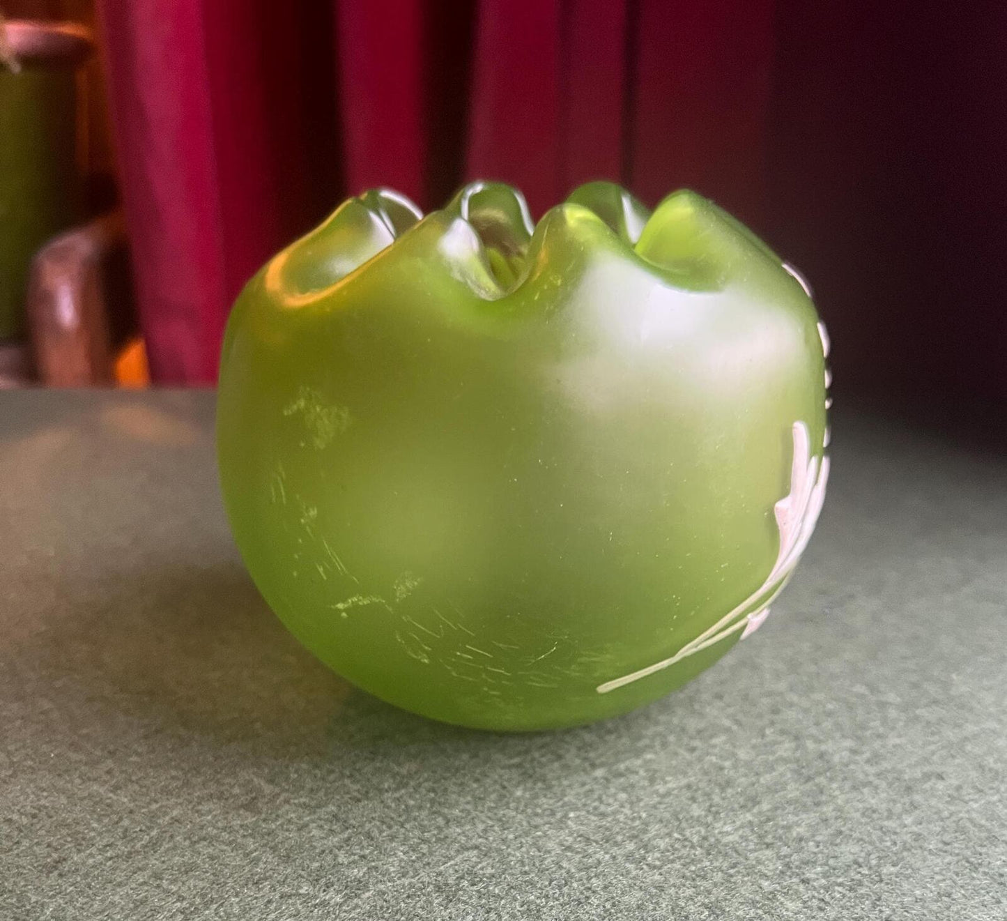 Art Nouveau cameo glass rose bowl. Green satin glass with cream etched floral leaf design.