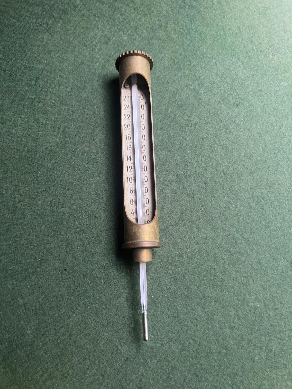 Vintage industrial brass thermometer gauge. Boiler engine temperature measurer. Scientific instrument collector gift.