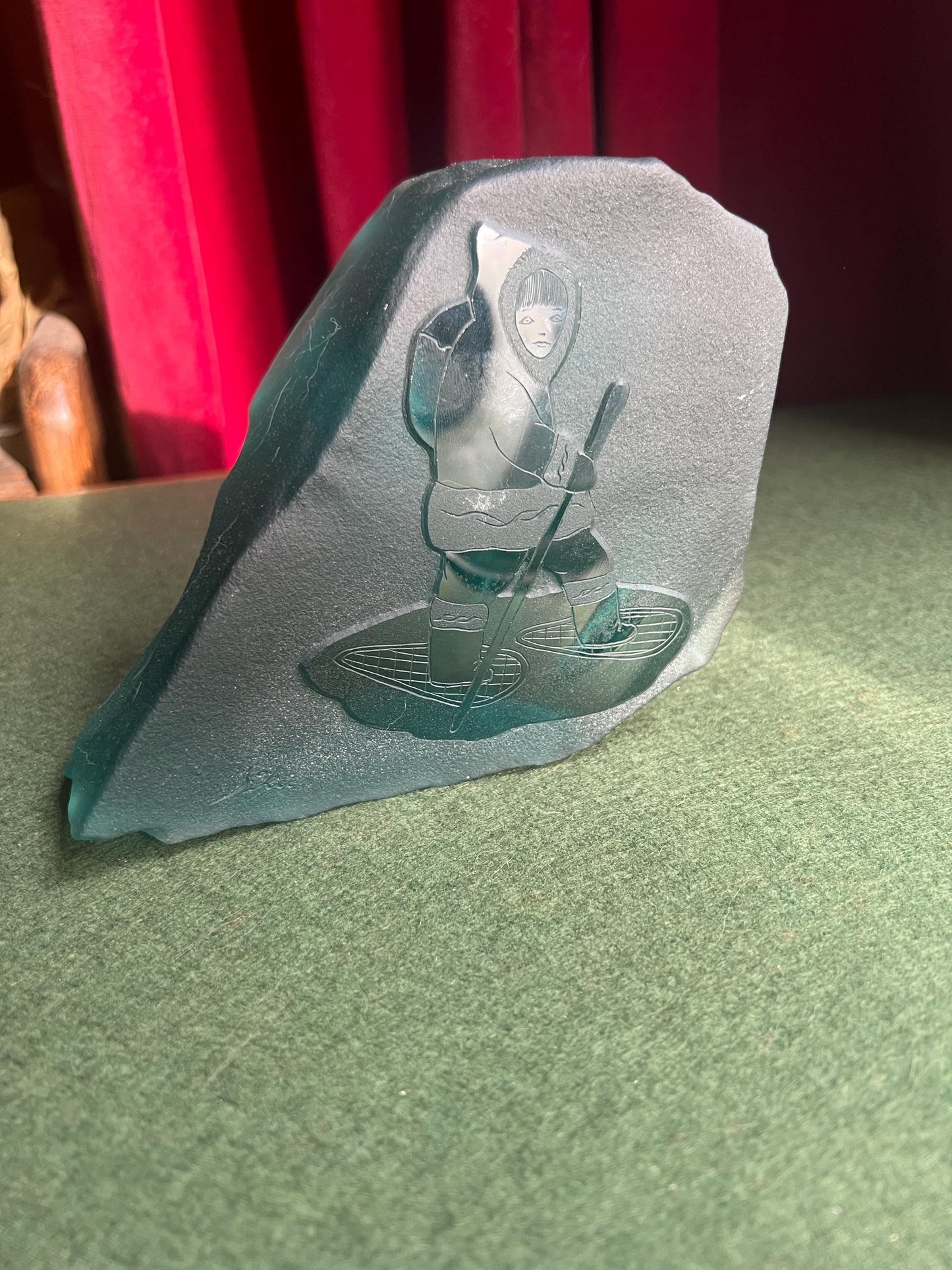 Siku Signed Native Inuit Frosted Etched Art Glass Sculpture Paperweight. Blue sea glass Canadian folk art.