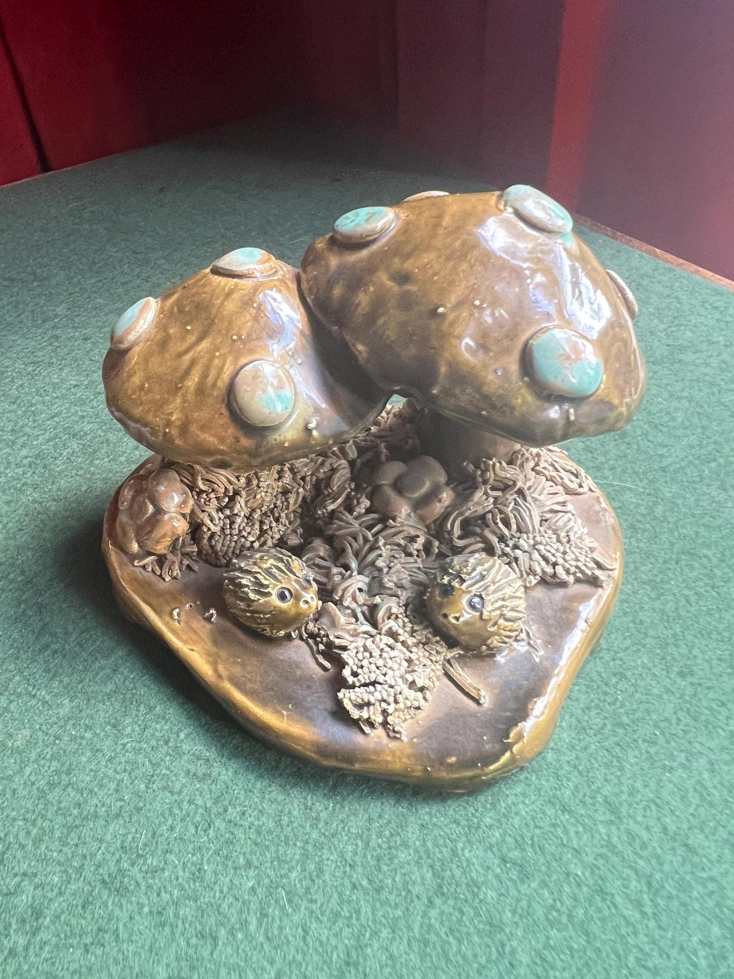 Studio pottery toadstools and hedgehogs figurine. Signed by artist YD MA UK. Yare Designs Norfolk.