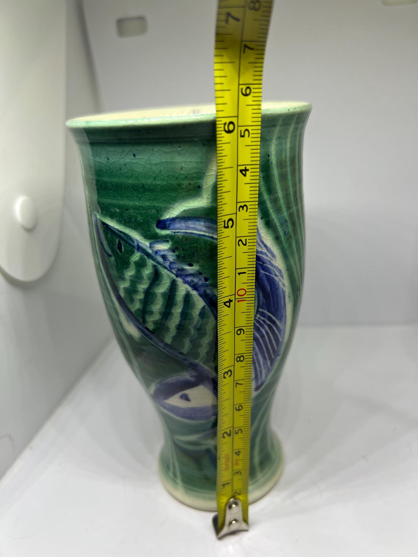Studio pottery flower vase Green glaze hand decorated fish design Stamped Pauline's Pottery Handmade.