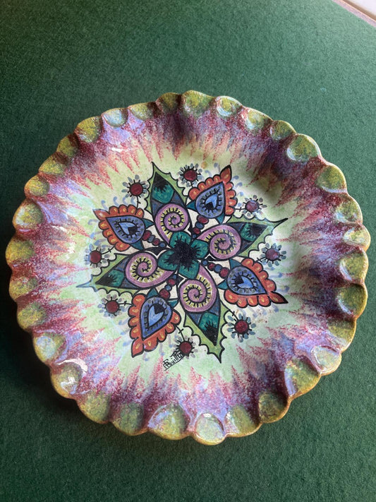 Decorative faience plate. Signed Paul Fouillen Quimper France. Hand-painted floral mandala motif scalloped rim. Gallery wall decor.