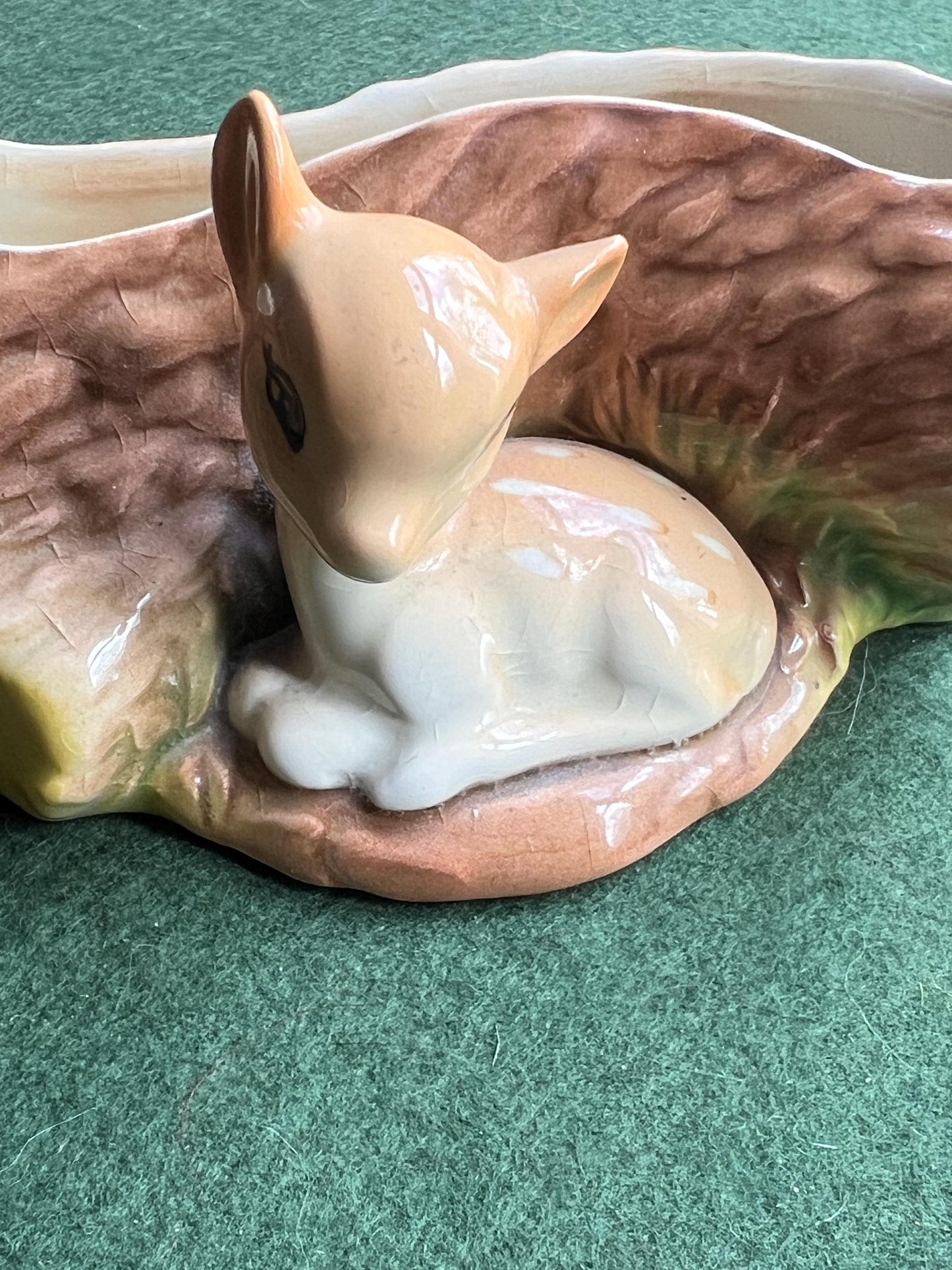 Posy vase planter. Baby deer by a log. Stamped Hornsea Fauna Royal.