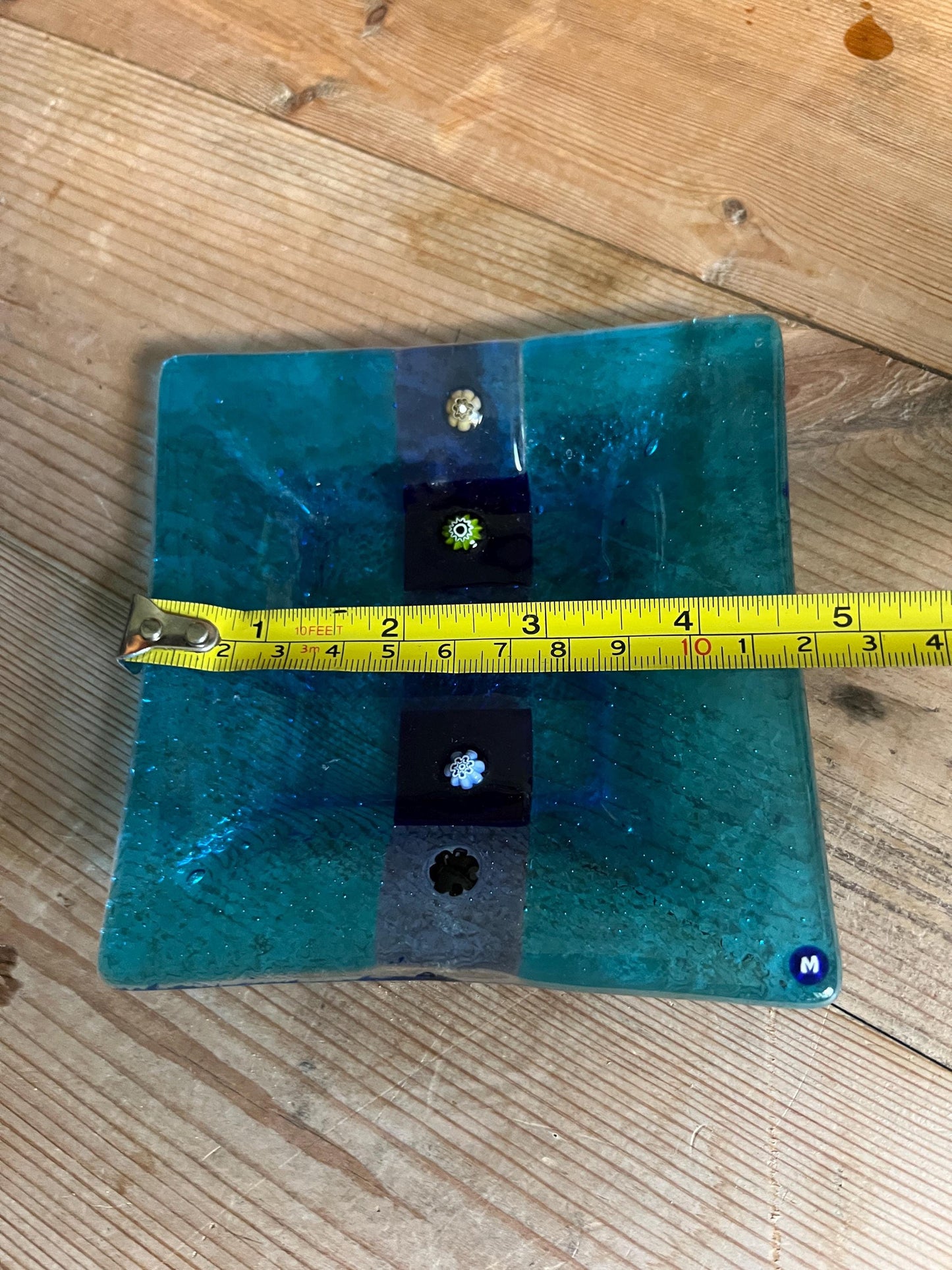 Vintage Murano fused glass trinket dish. Blue glass square plate with millefiori detail.
