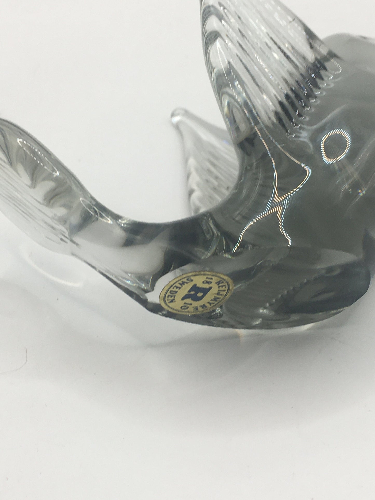 Swedish glass bird. Beautiful Hand blown  art glass bird. Reijmyre glass Sweden. Smoky grey flying bird paperweight. Baby bird figurine.