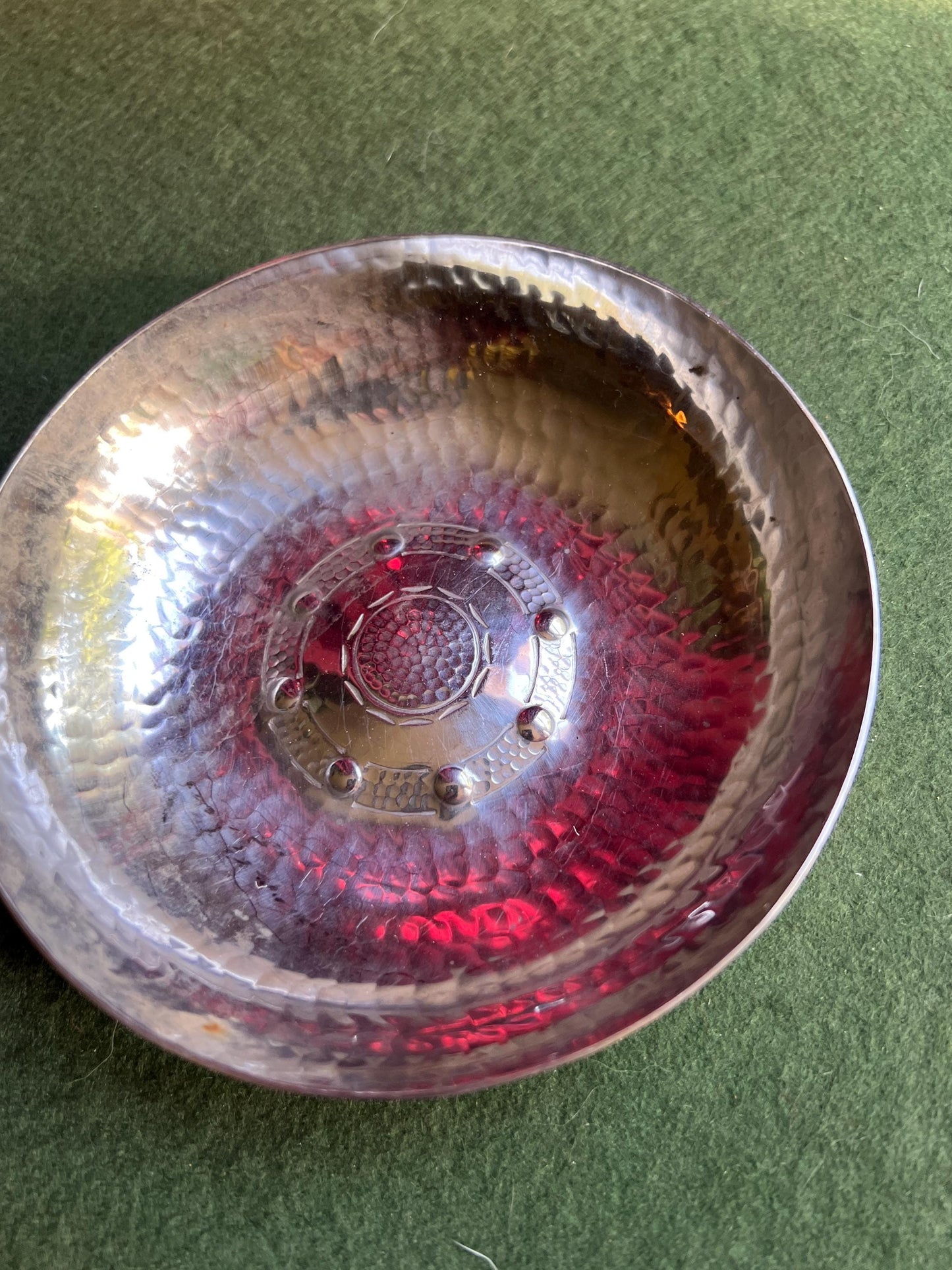 Arts and Crafts movement key coin dish. Trinket pin dish console. Stamped Borrowdale Hand beaten Stainless steel. Lakeland Rural Industries.