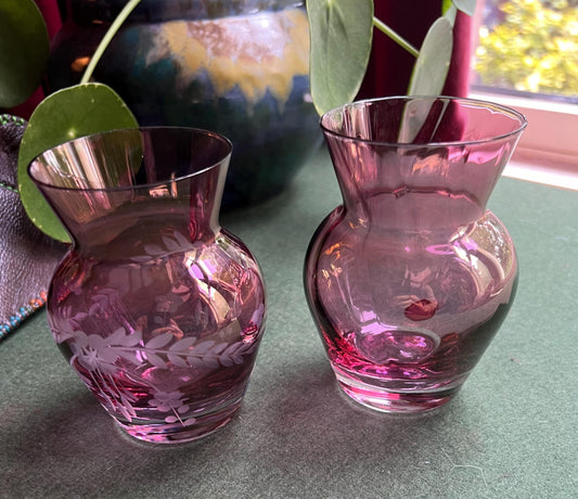 Cranberry glass posy vase. Bohemian crystal pink glass vase. Etched pink bud vase. Pink posy vase. Original sticker. Bohemian Glass crystal.