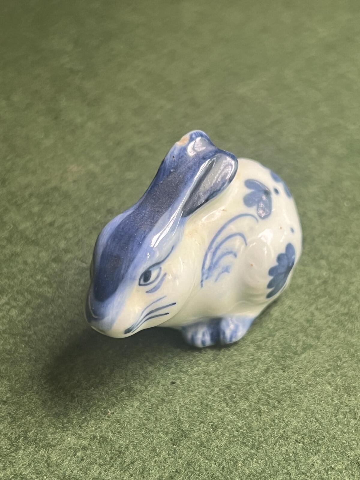 Miniature rabbit figurine. Blue white Delft style ceramic bunny.