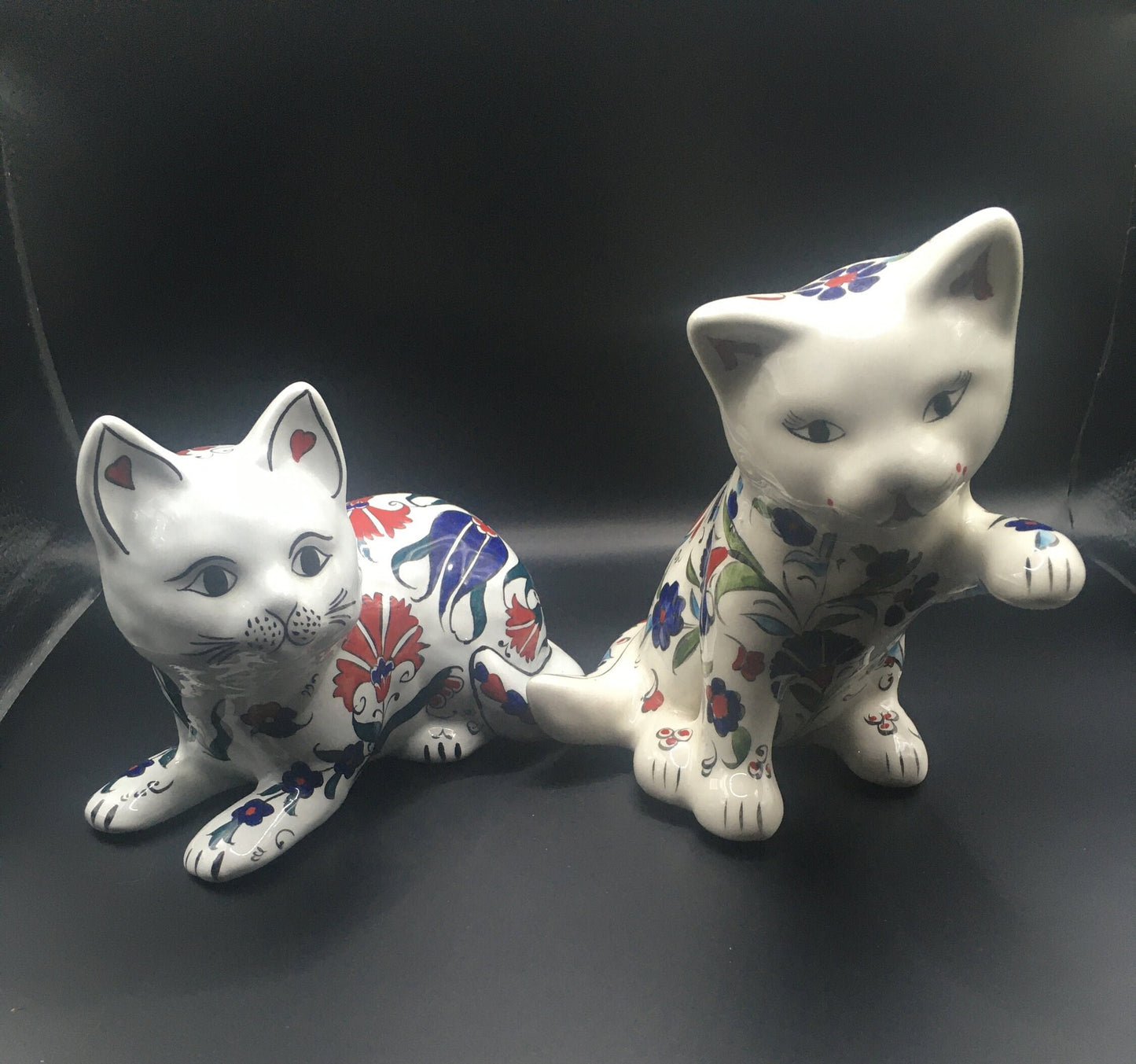 Pair of ceramic hand painted floral playful cat figurines. Signed Hand Made Türkiye.