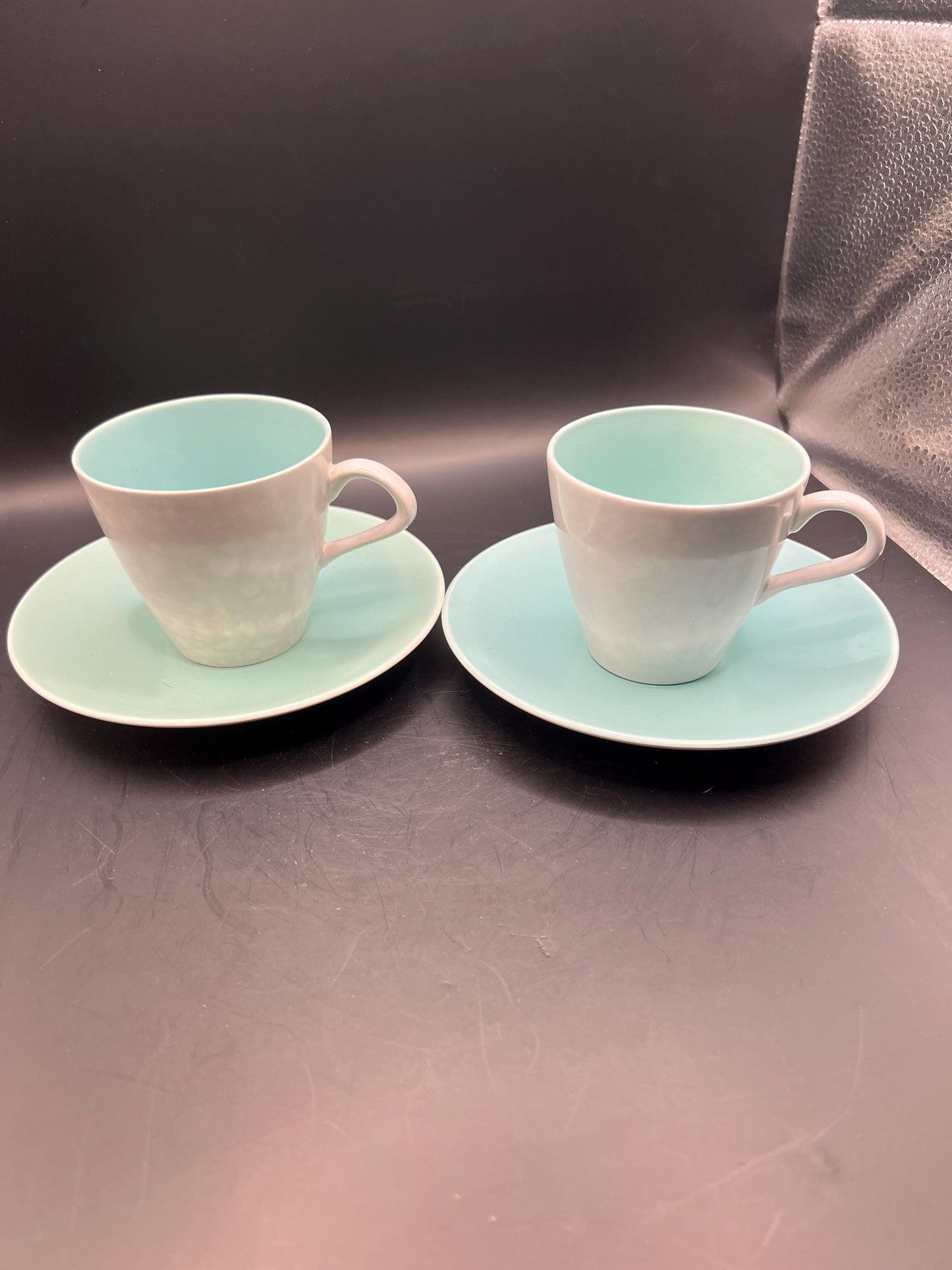 2 Poole Pottery Streamline Shape Cups and Saucers in Twintone Ice Green & Seagull colour.
