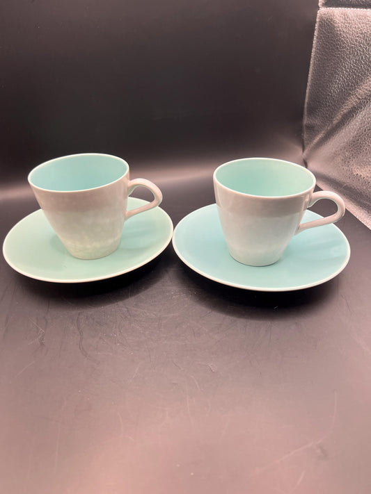 2 Poole Pottery Streamline Shape Cups and Saucers in Twintone Ice Green & Seagull colour.