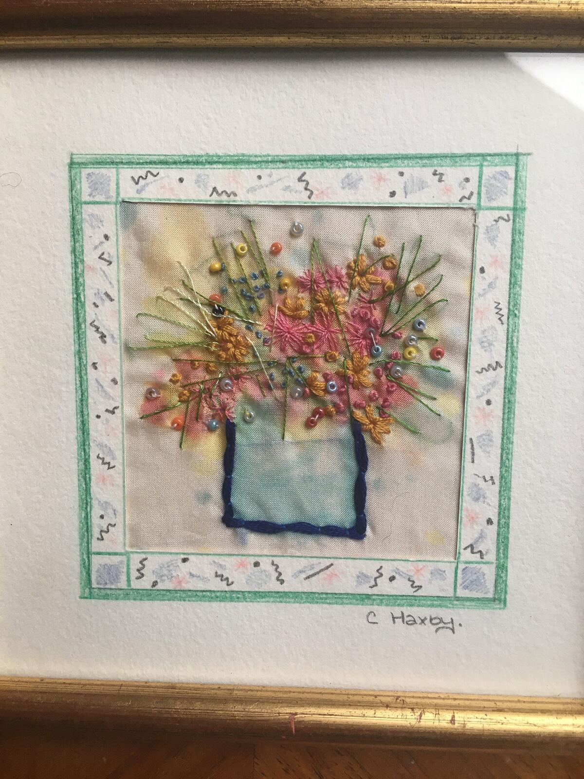 2 Beautiful detailed framed embroidery flower scenes. Textile art wildflowers.
