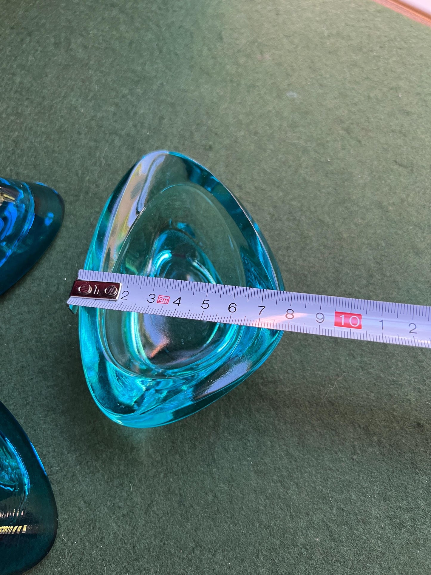 Vintage glass ashtrays trinket dishes. Sklo Union glass. 1x Turquoise blue 2x cobalt blue triangular glass nut bowls. Sold separately.