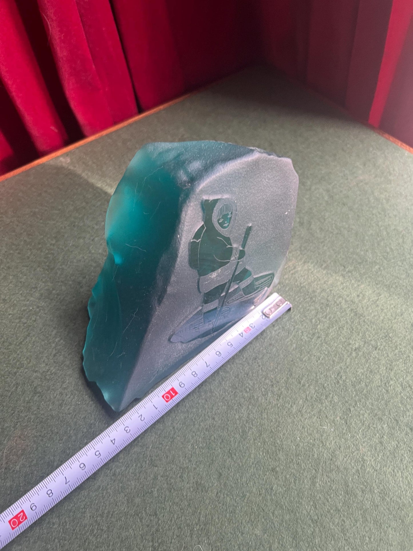 Siku Signed Native Inuit Frosted Etched Art Glass Sculpture Paperweight. Blue sea glass Canadian folk art.