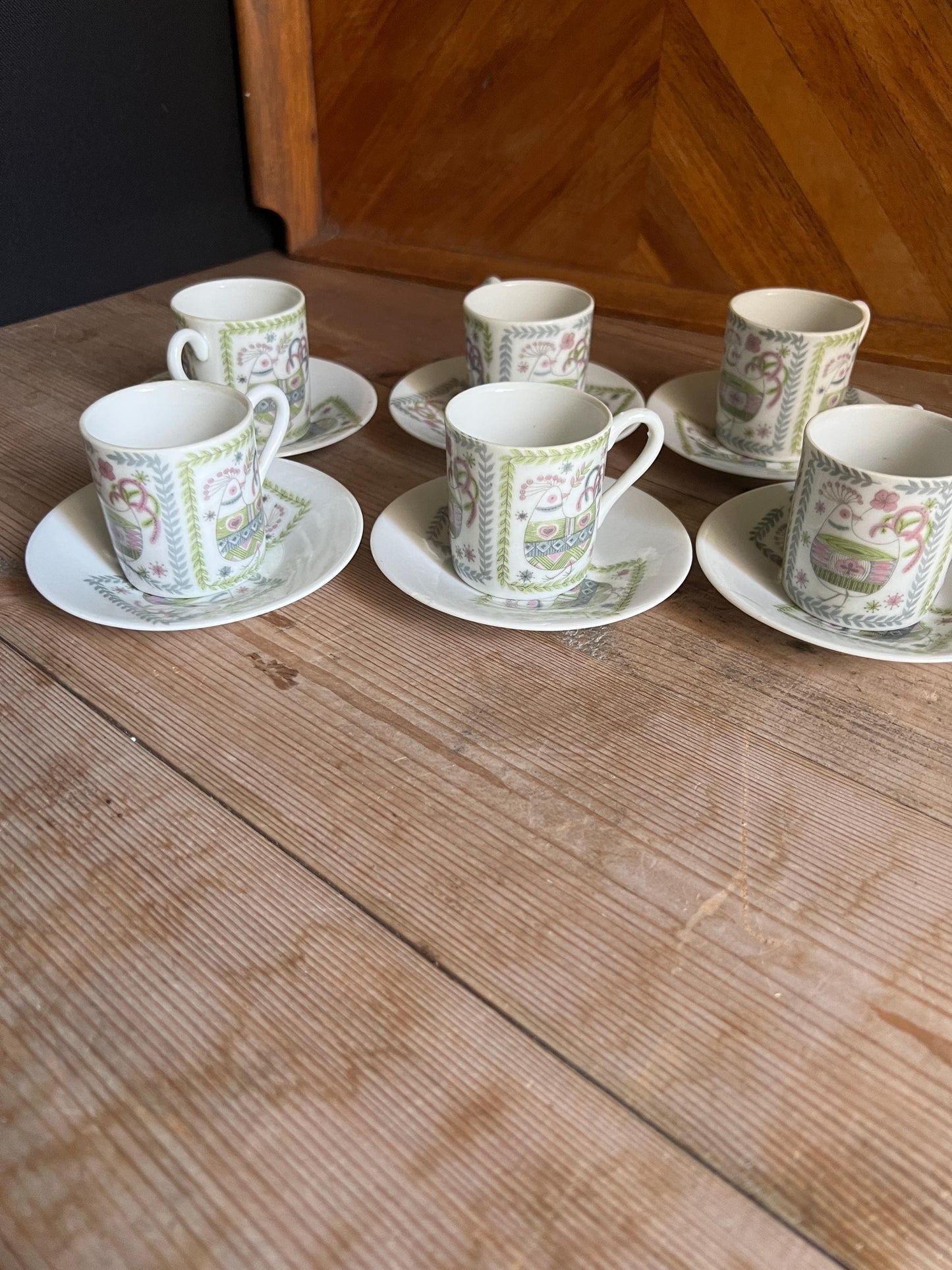 Set of 6 espresso cups saucers. Retro Pink green quirky rooster design. Marked Porzellan.