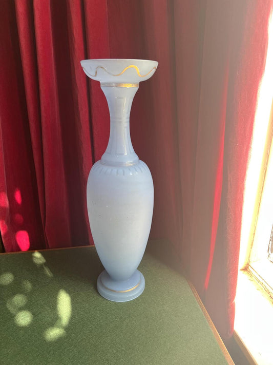 Rare Antique satin glass vase. Blue opaque glass tall vase with gold detail. Victoriana collector gift.