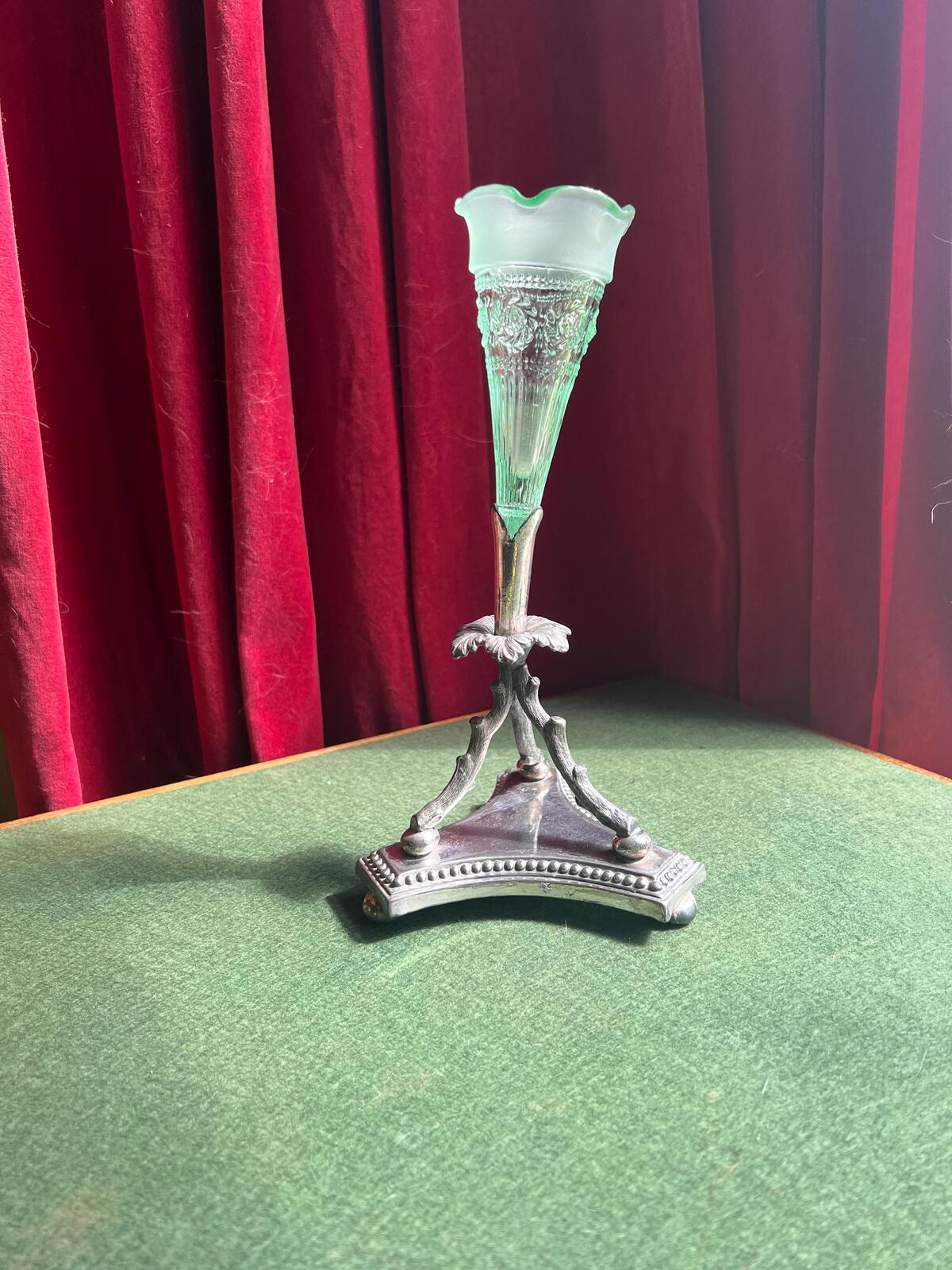 Victorian epergne vase. Green glass on decorative silver plate base. Stamped James Dixon & Sons.