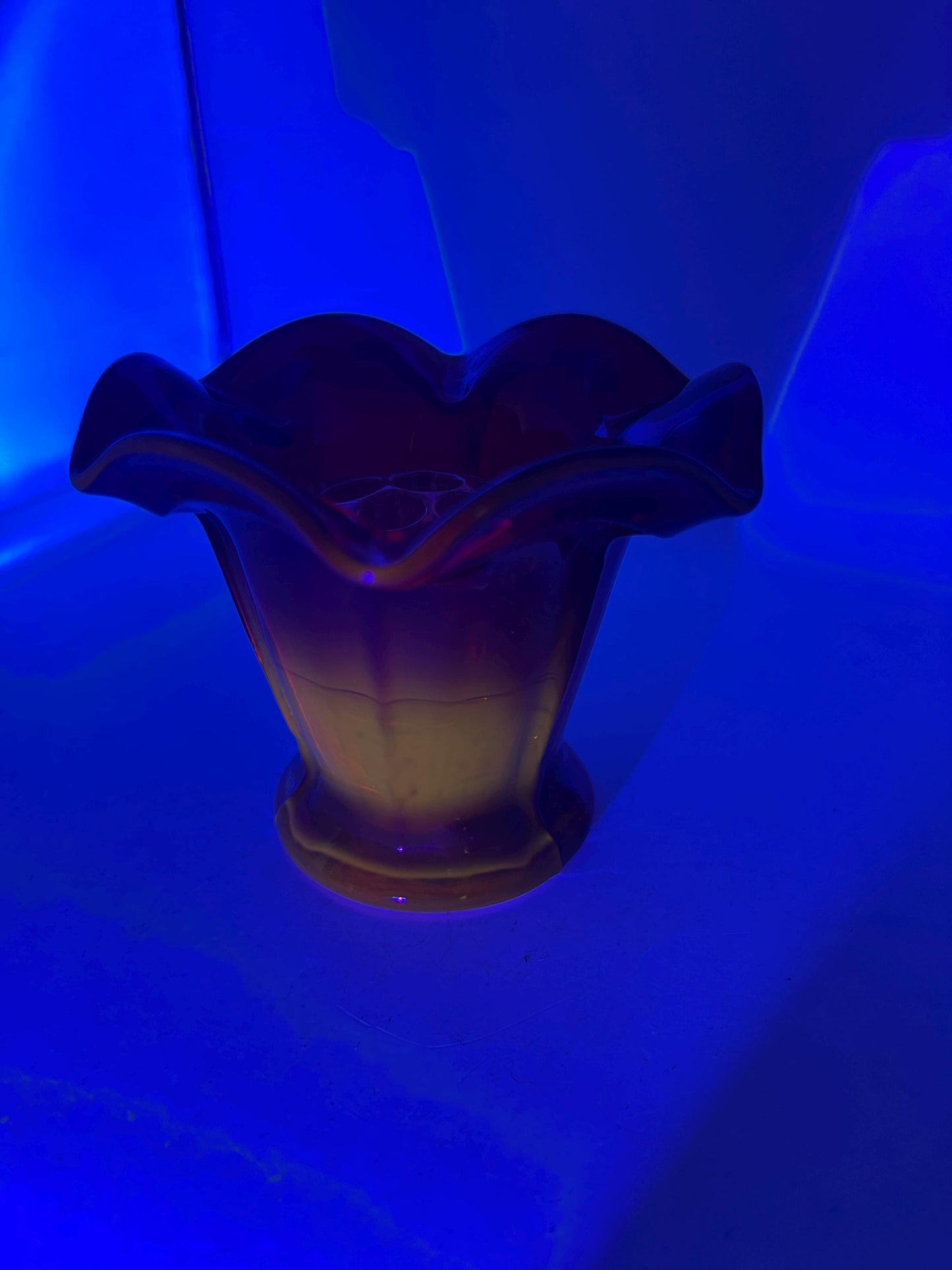 Art Deco style red glass posy vase with original clear glass flower frog. UV reactive.
