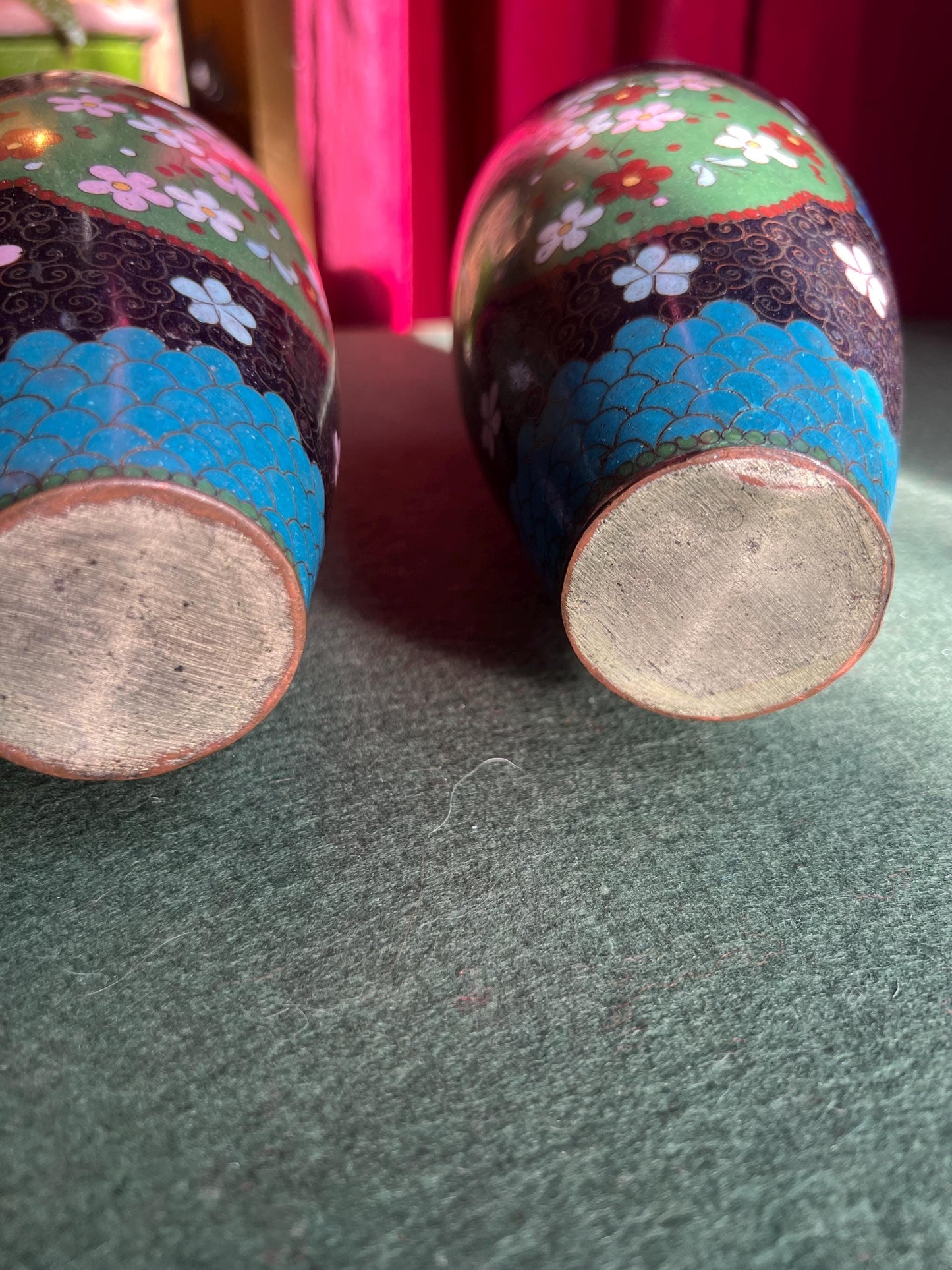 Pair of vintage antique cloisonne vases. Matching pair with intricate flowers and butterflies.