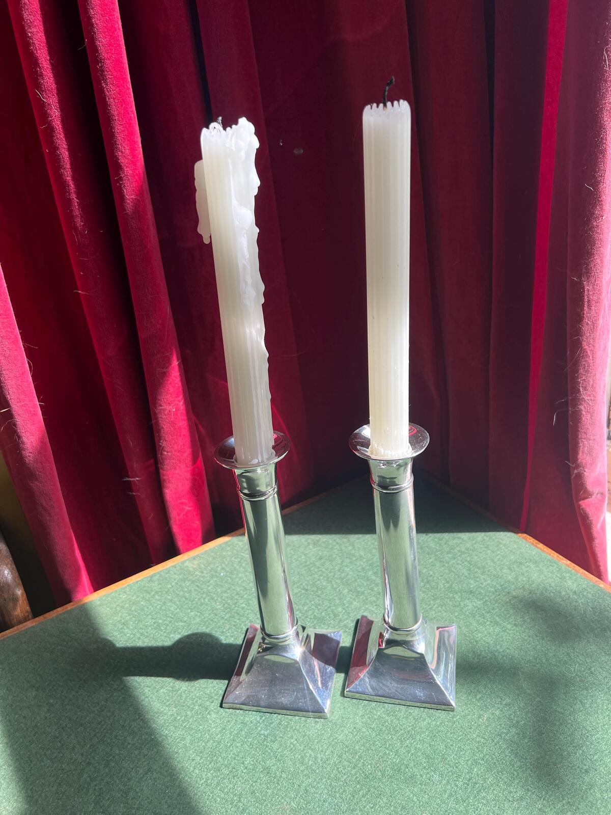 Vintage silver plate column candlestick holders. Parks of London.