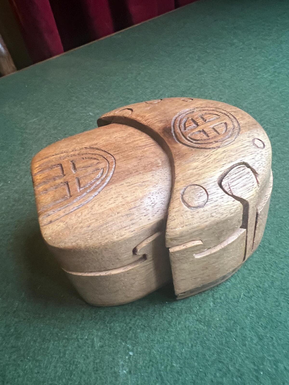 Vintage Handcrafted sheesham wood mushroom puzzle box with hidden compartment.