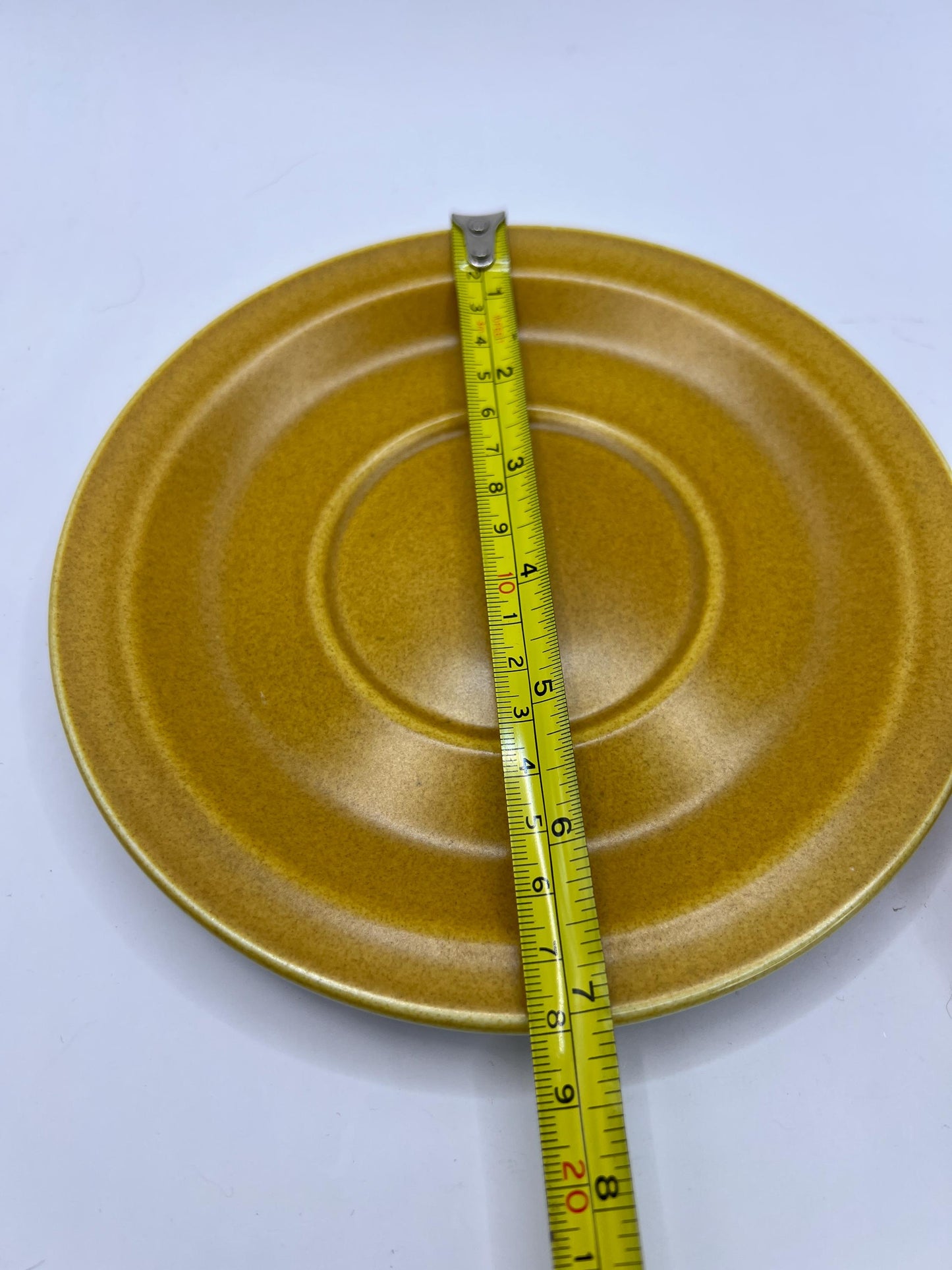 Mustard yellow ceramic gravy sauce boat and saucer. Stamped Glo-white Ironstone Alfred Meakin England.