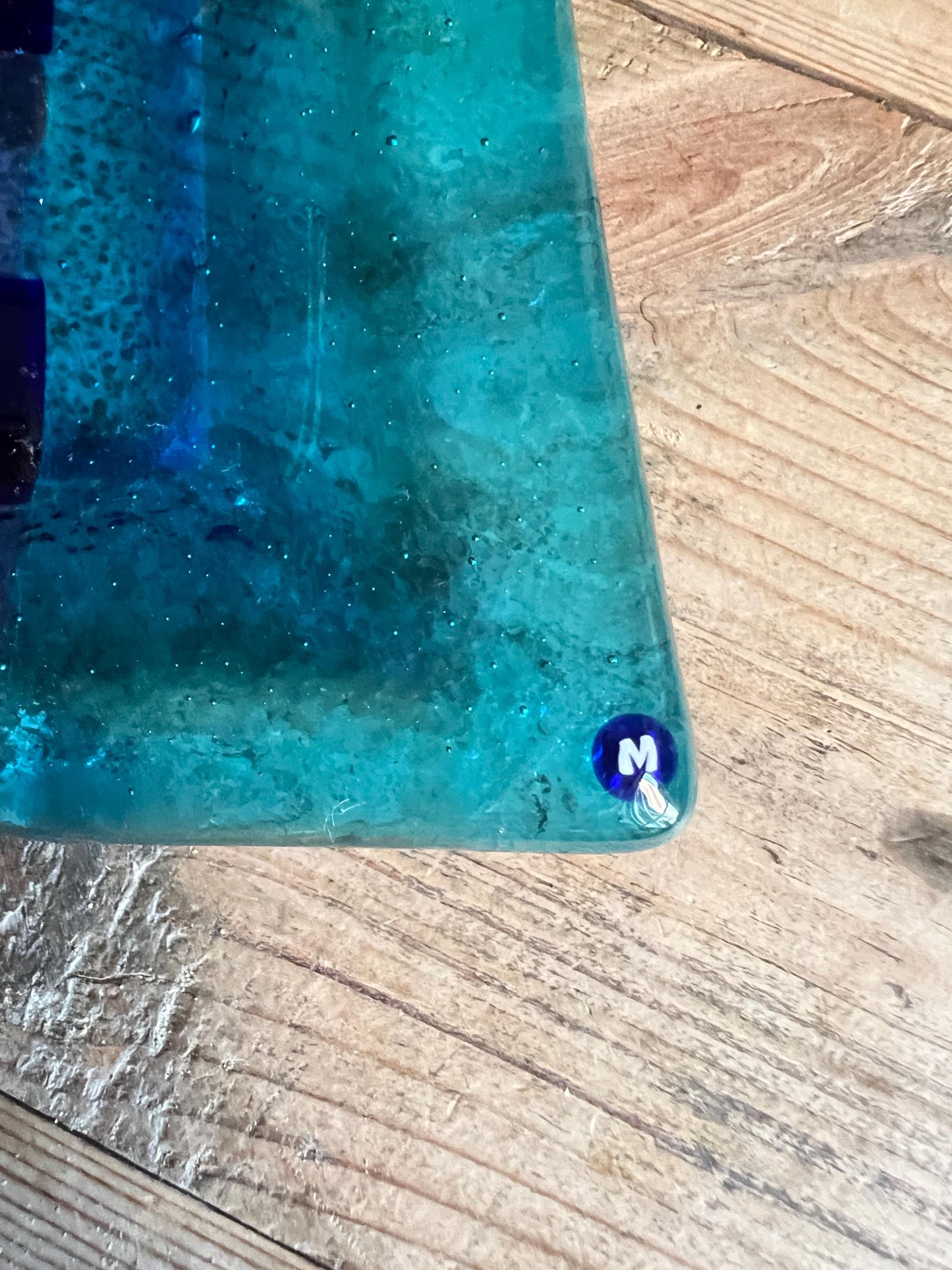 Vintage Murano fused glass trinket dish. Blue glass square plate with millefiori detail.