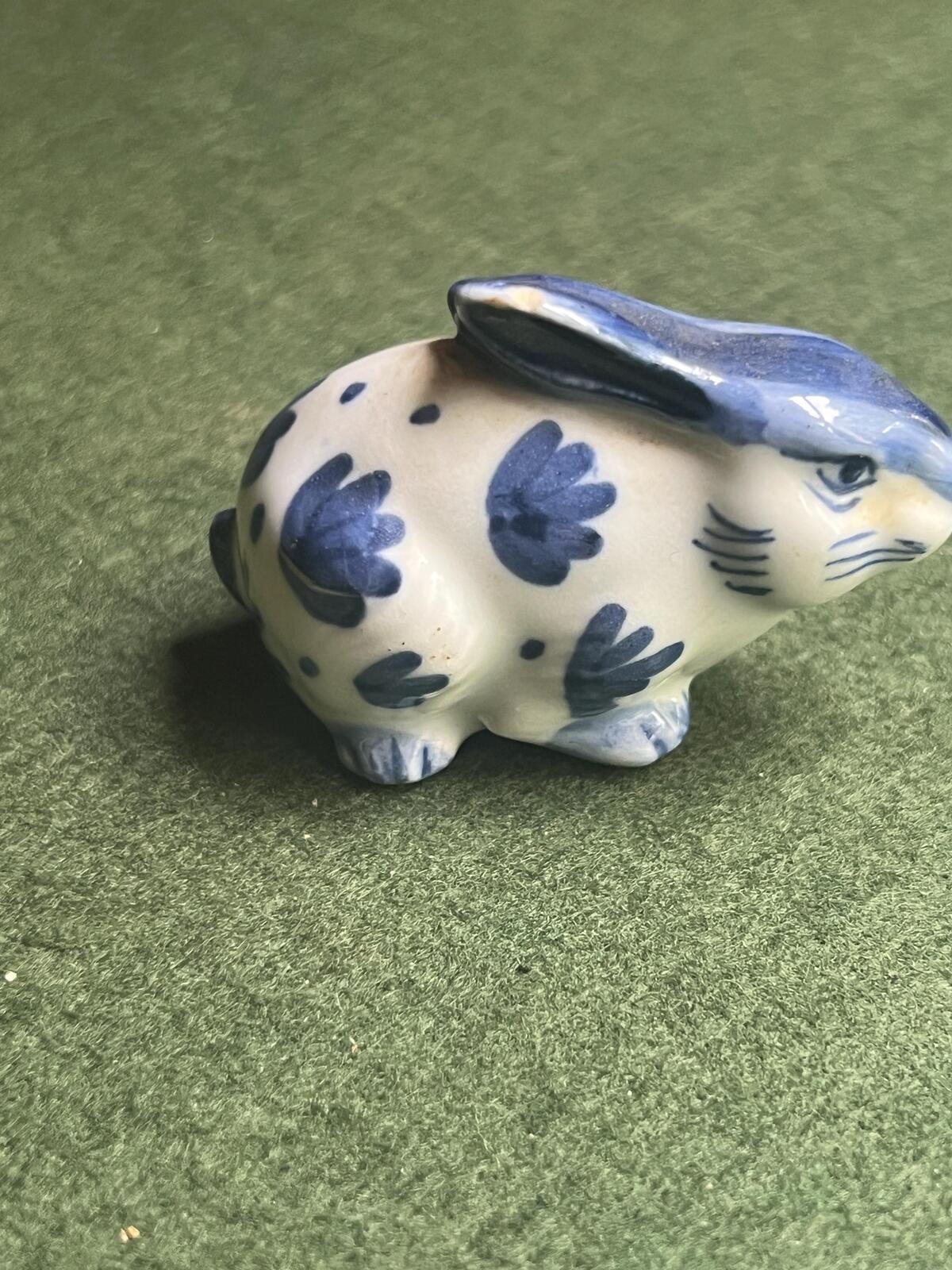 Miniature rabbit figurine. Blue white Delft style ceramic bunny.