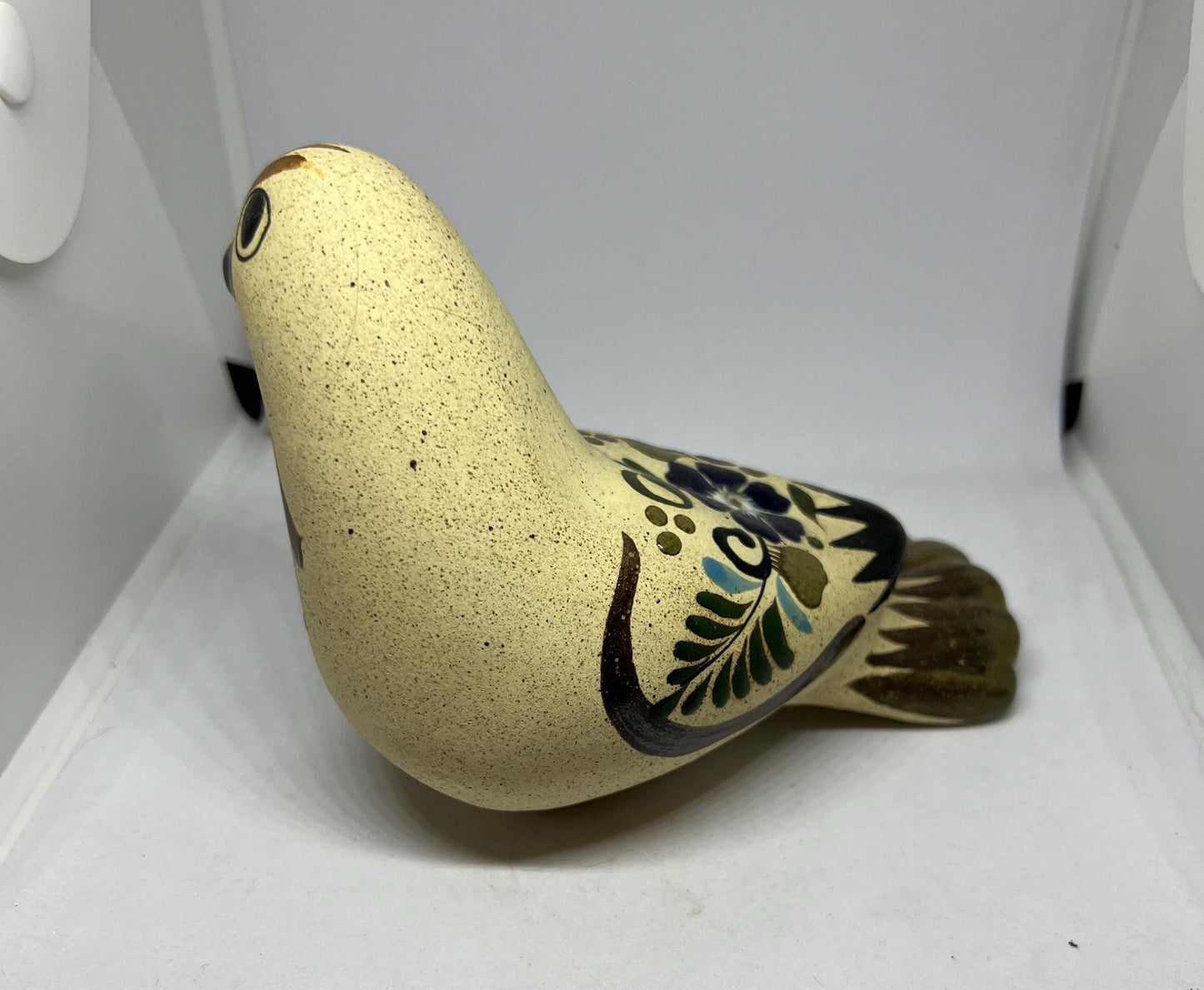 Tonala Mexico stone ware hand painted bird ornament Signed RS Mexico.